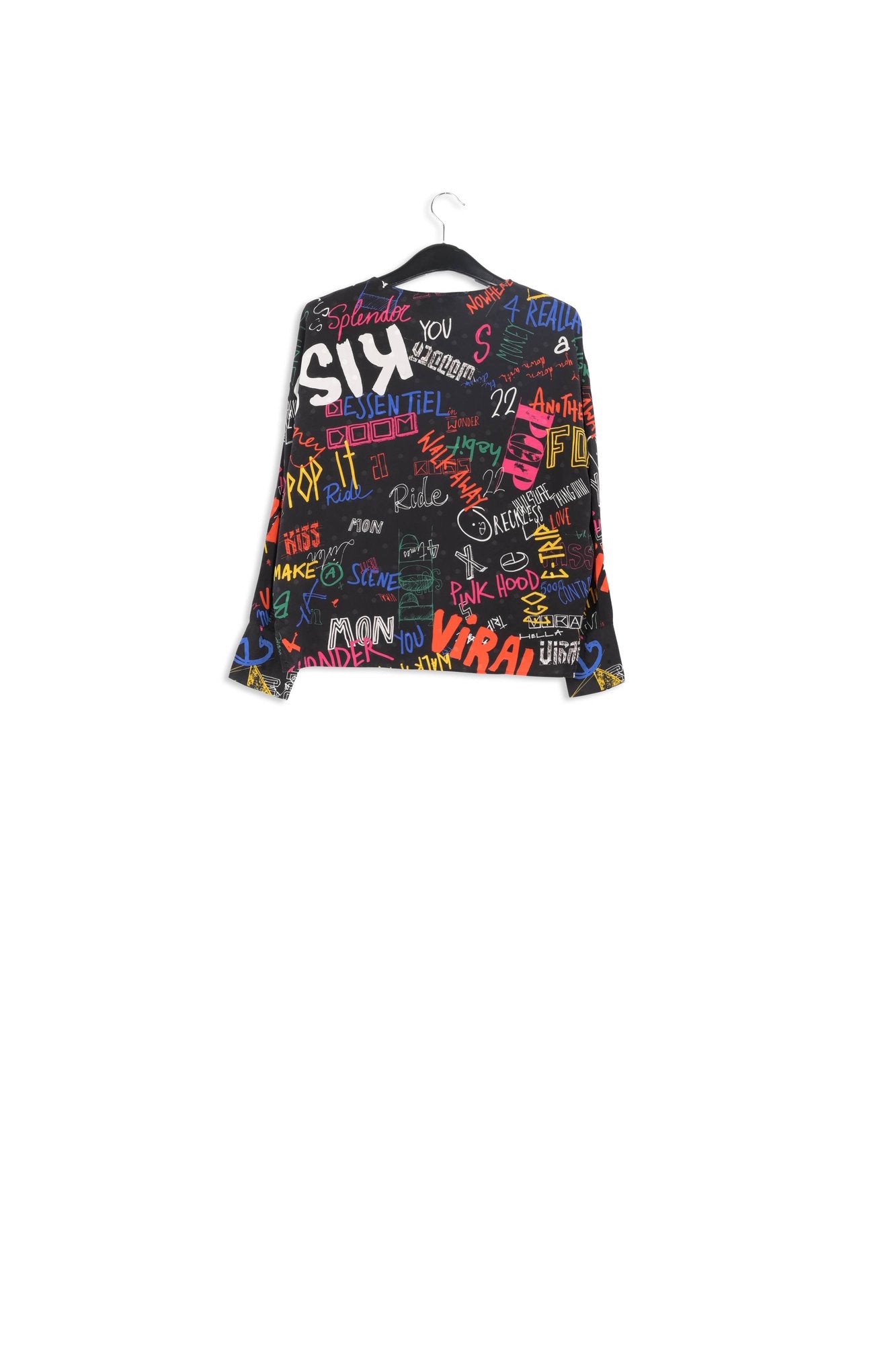 Black silk top with colorful tekst print RE—SSENTIEL | Essentiel second hand