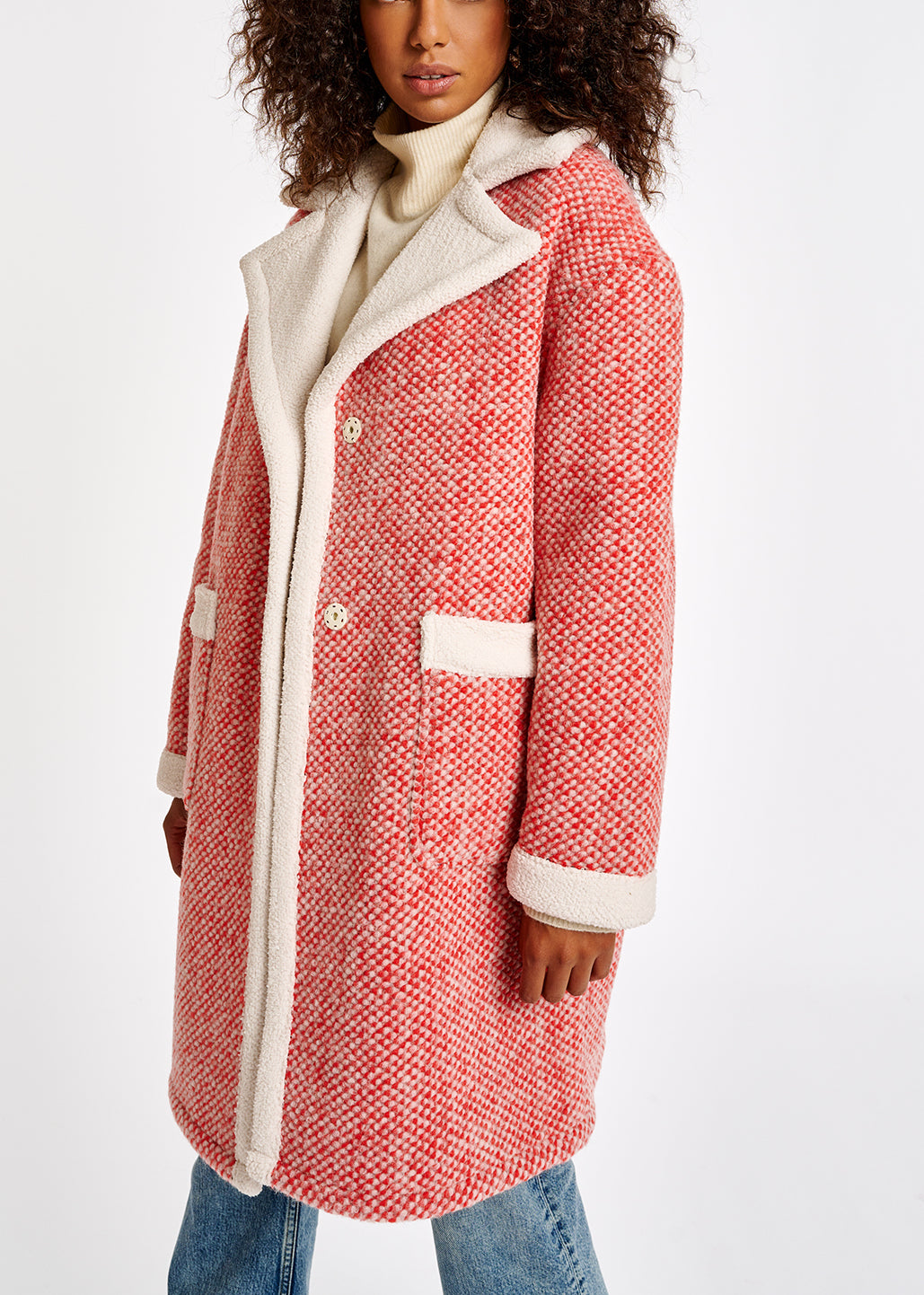 Red and off-white wool-blend coat with teddy lining RE—SSENTIEL | Essentiel second hand
