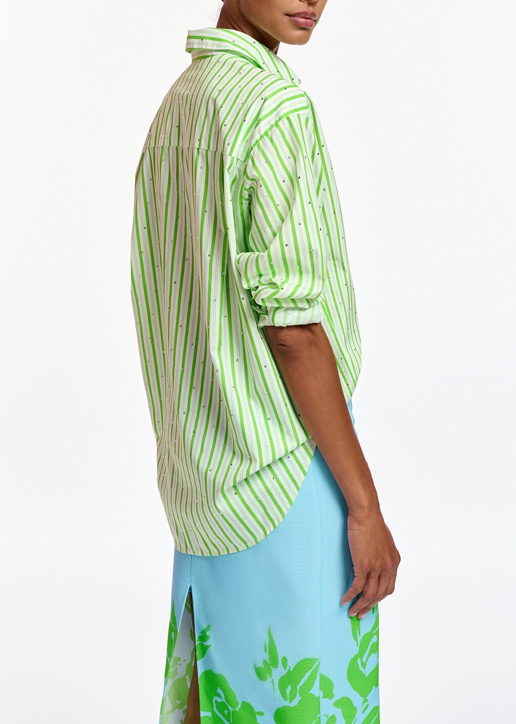 White and green striped cotton shirt with rhinestone embellishments RE—SSENTIEL | Essentiel second hand