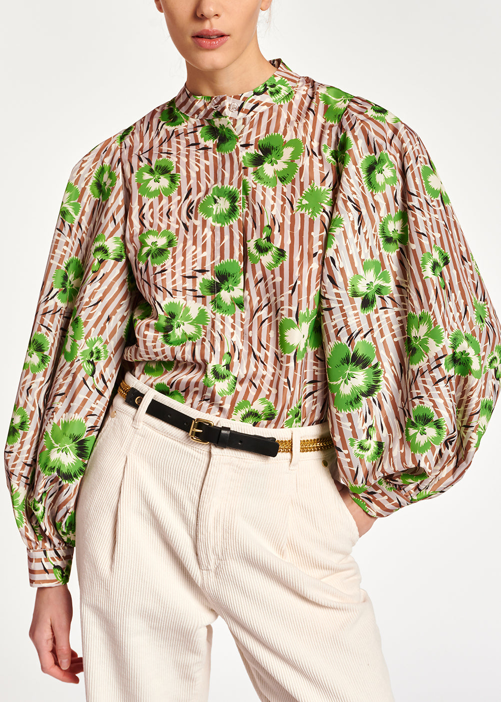 Stripe and green floral print puffed-sleeve top RE—SSENTIEL | Essentiel second hand