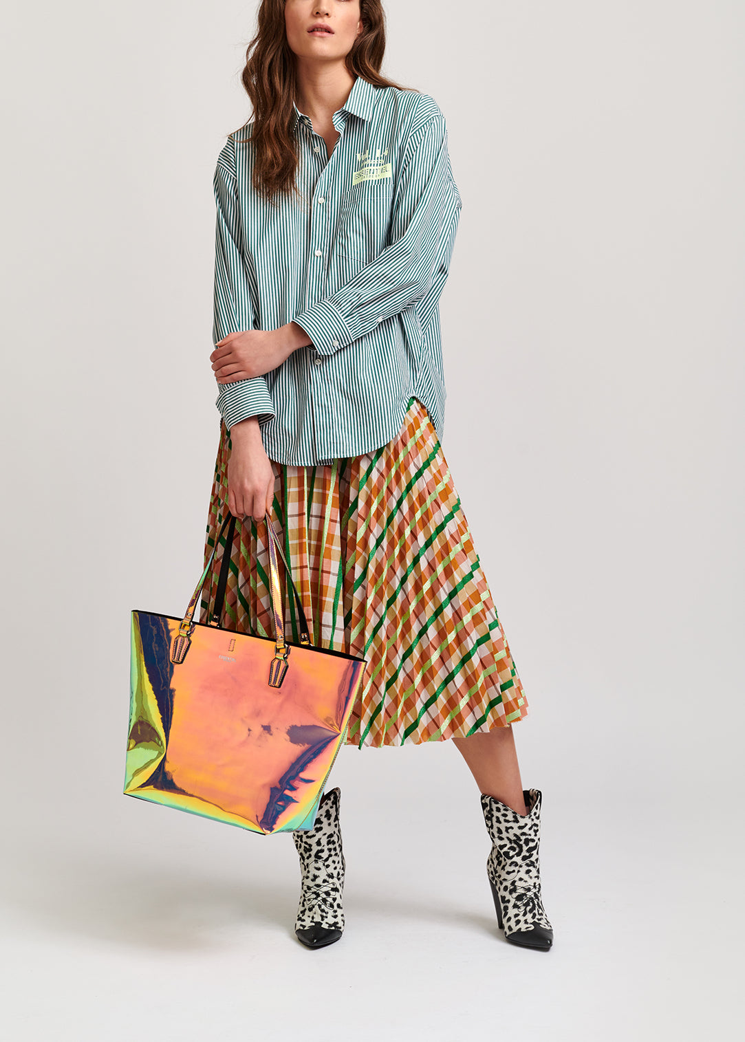 Beige and green plaid cotton-blend pleated skirt RE—SSENTIEL | Essentiel second hand