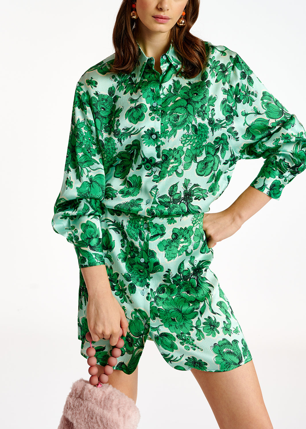 Lichtblauwe en groene zijden mini-jurk met bloemen RE—SSENTIEL | Essentiel second hand