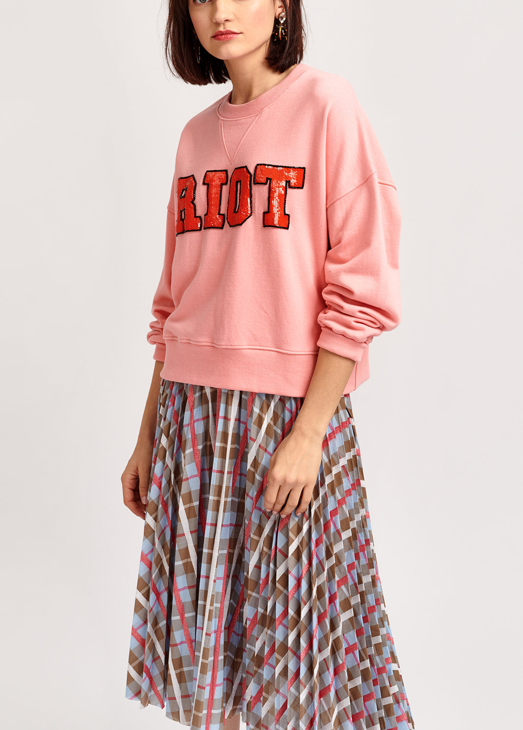 Beige and blue plaid cotton-blend pleated skirt RE—SSENTIEL | Essentiel second hand