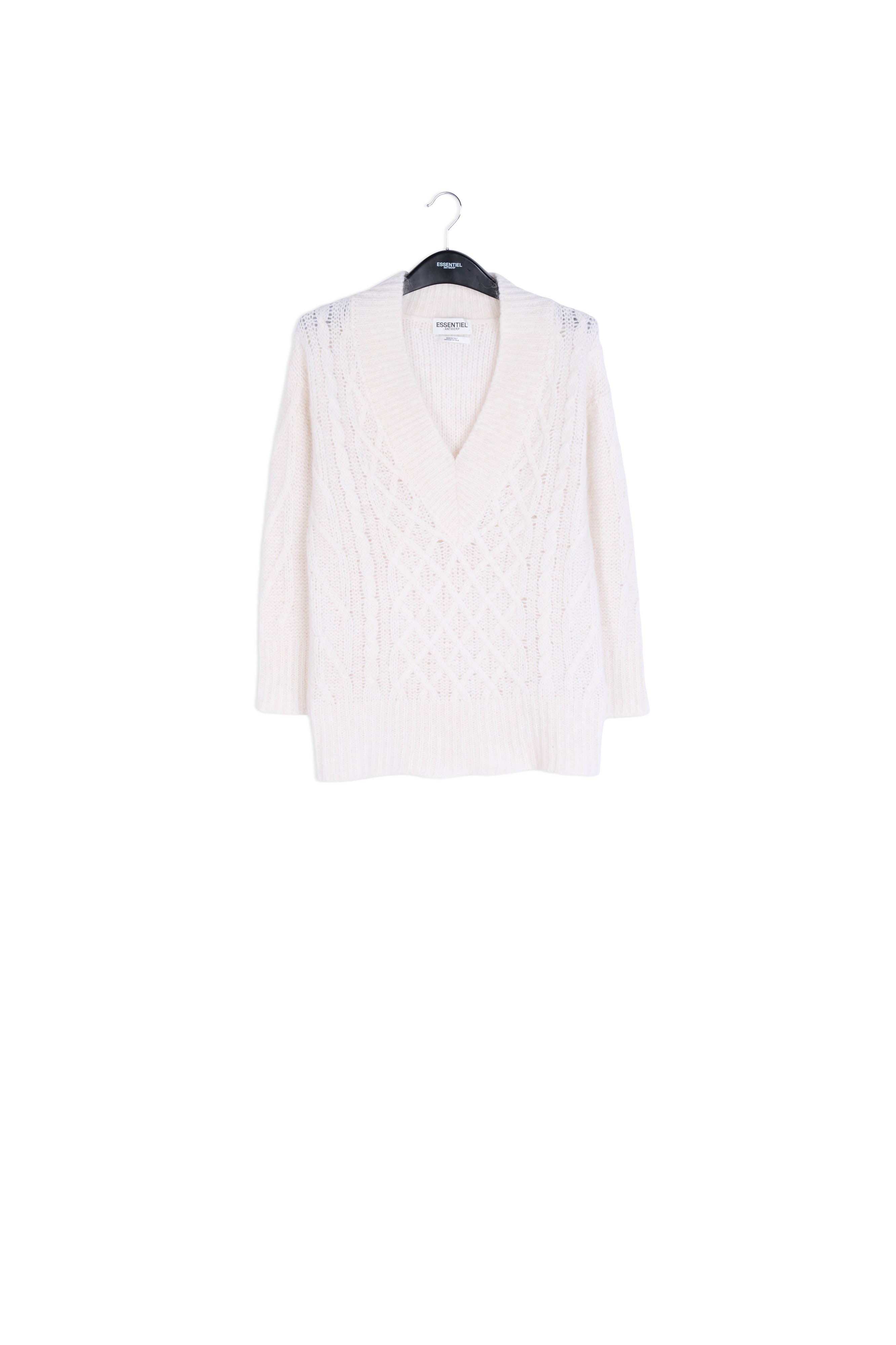 Off-white long cable-knit V-neck sweater RE—SSENTIEL | Essentiel second hand