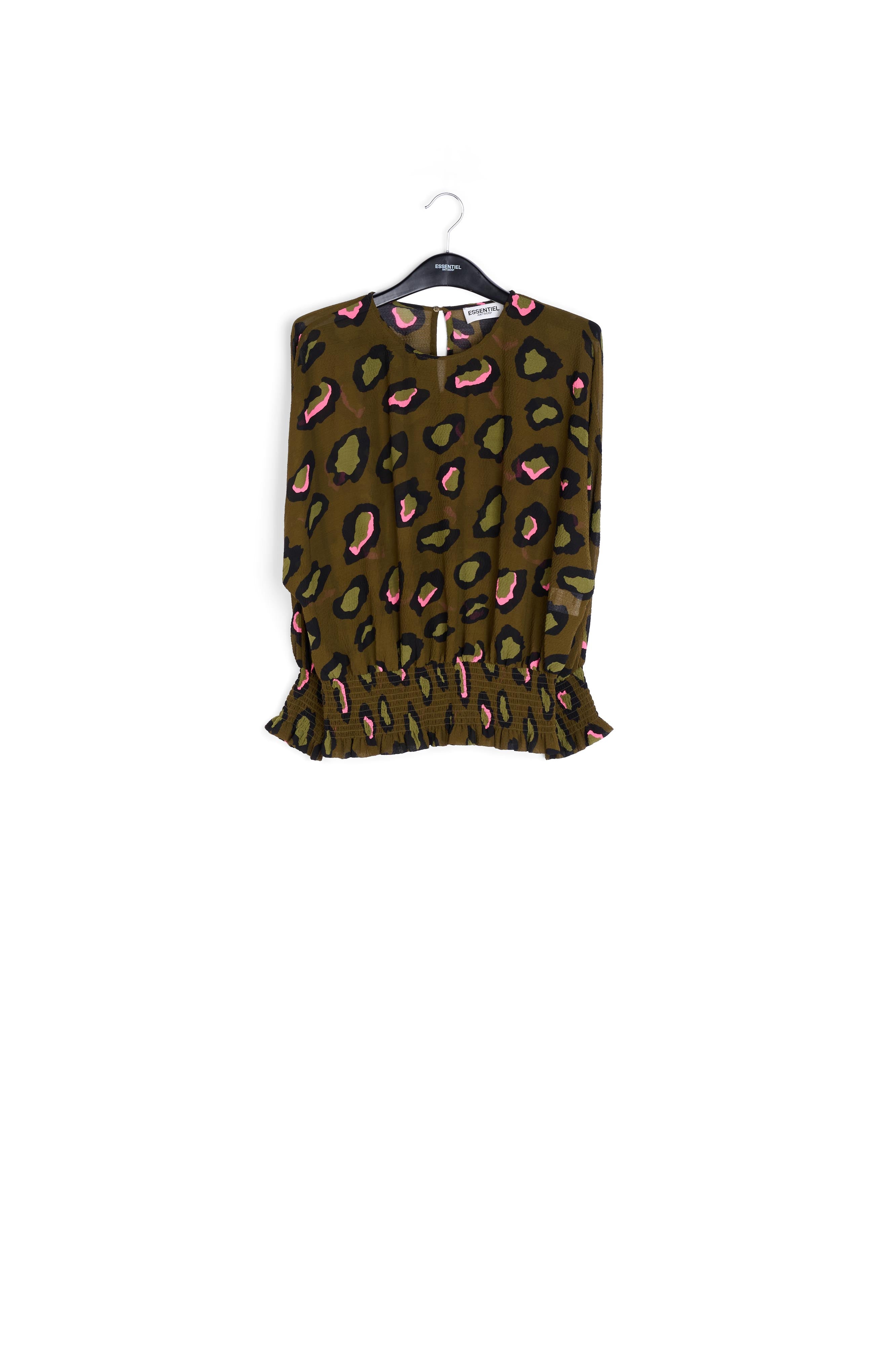 Kaki gesmokte top met luipaardprint RE—SSENTIEL | Essentiel second hand