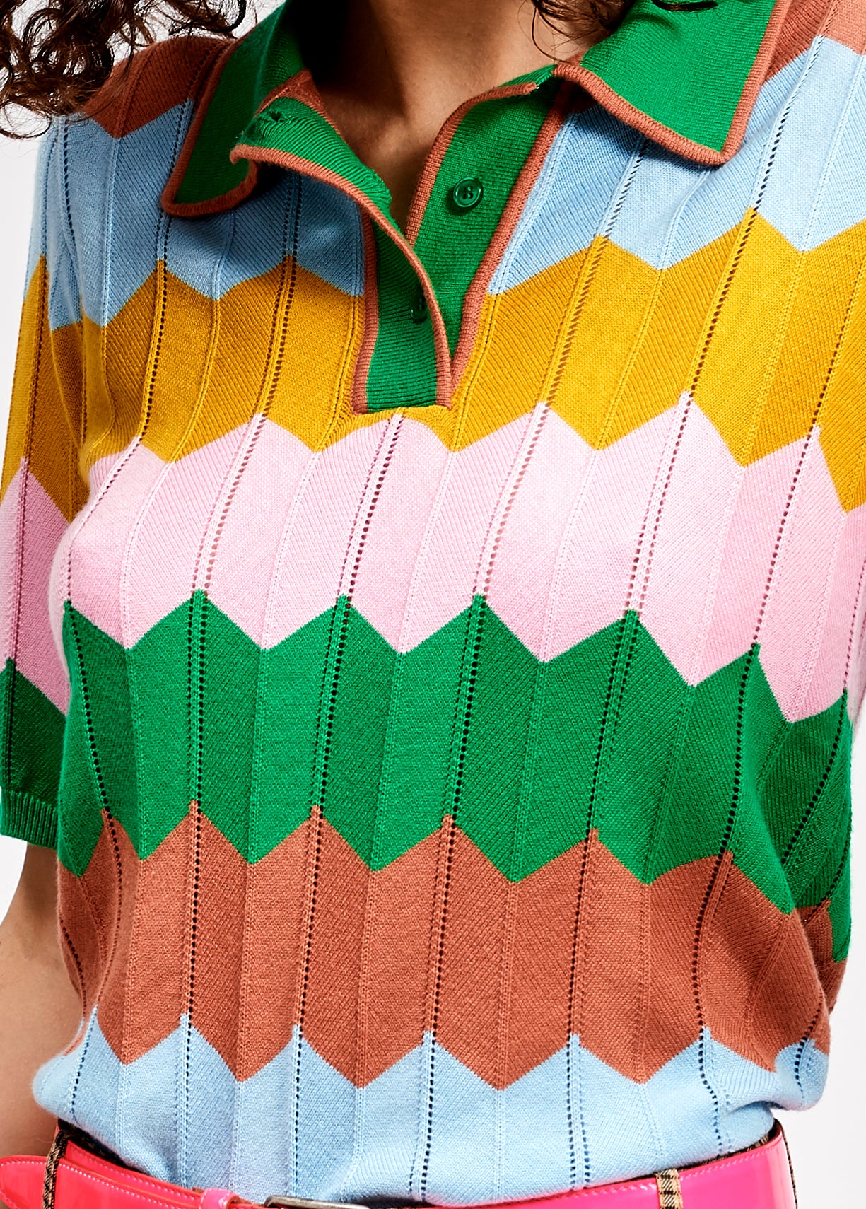 Multicolored zigzag pattern knitted polo shirt RE—SSENTIEL | Essentiel second hand