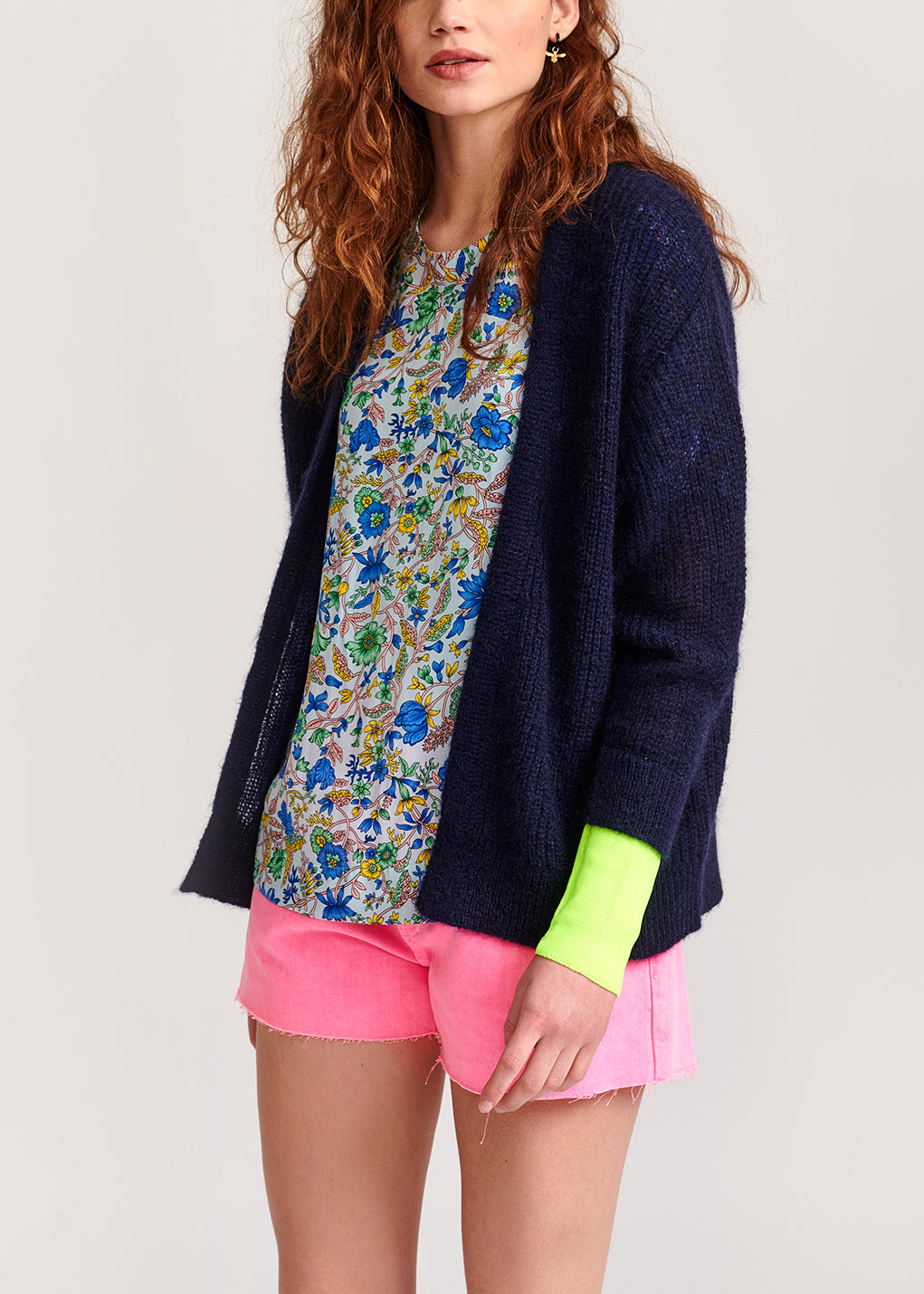 Dark blue mohair-blend cardigan with neon cuffs RE—SSENTIEL | Essentiel second hand