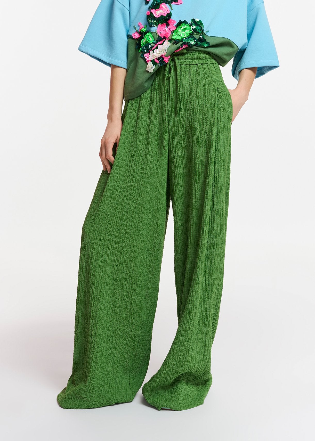 Dark green wide-leg seersucker pants RE—SSENTIEL | Essentiel second hand