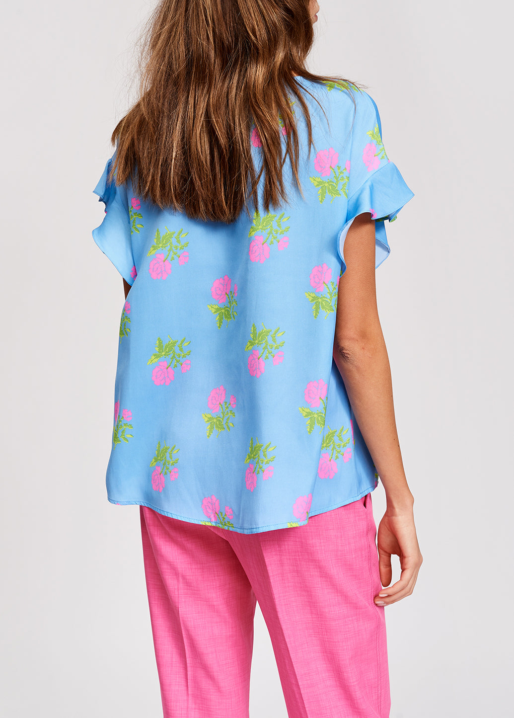 Blauwe top met bloemenprint en ruches RE—SSENTIEL | Essentiel second hand