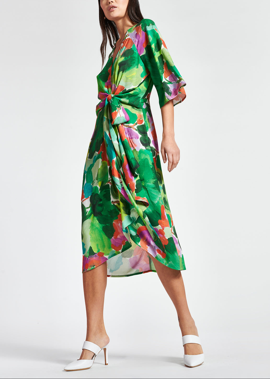 Green, lilac and orange watercolor-print midi dress RE—SSENTIEL | Essentiel second hand