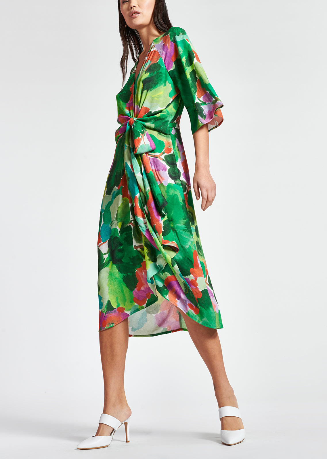 Green, lilac and orange watercolor-print midi dress RE—SSENTIEL | Essentiel second hand