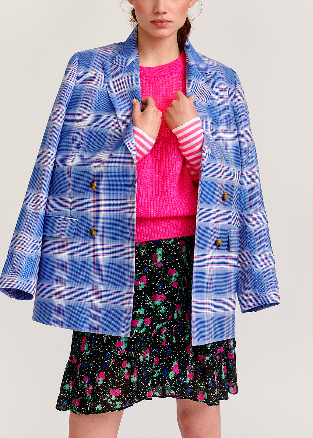 Blue plaid double-breasted blazer RE—SSENTIEL | Essentiel second hand