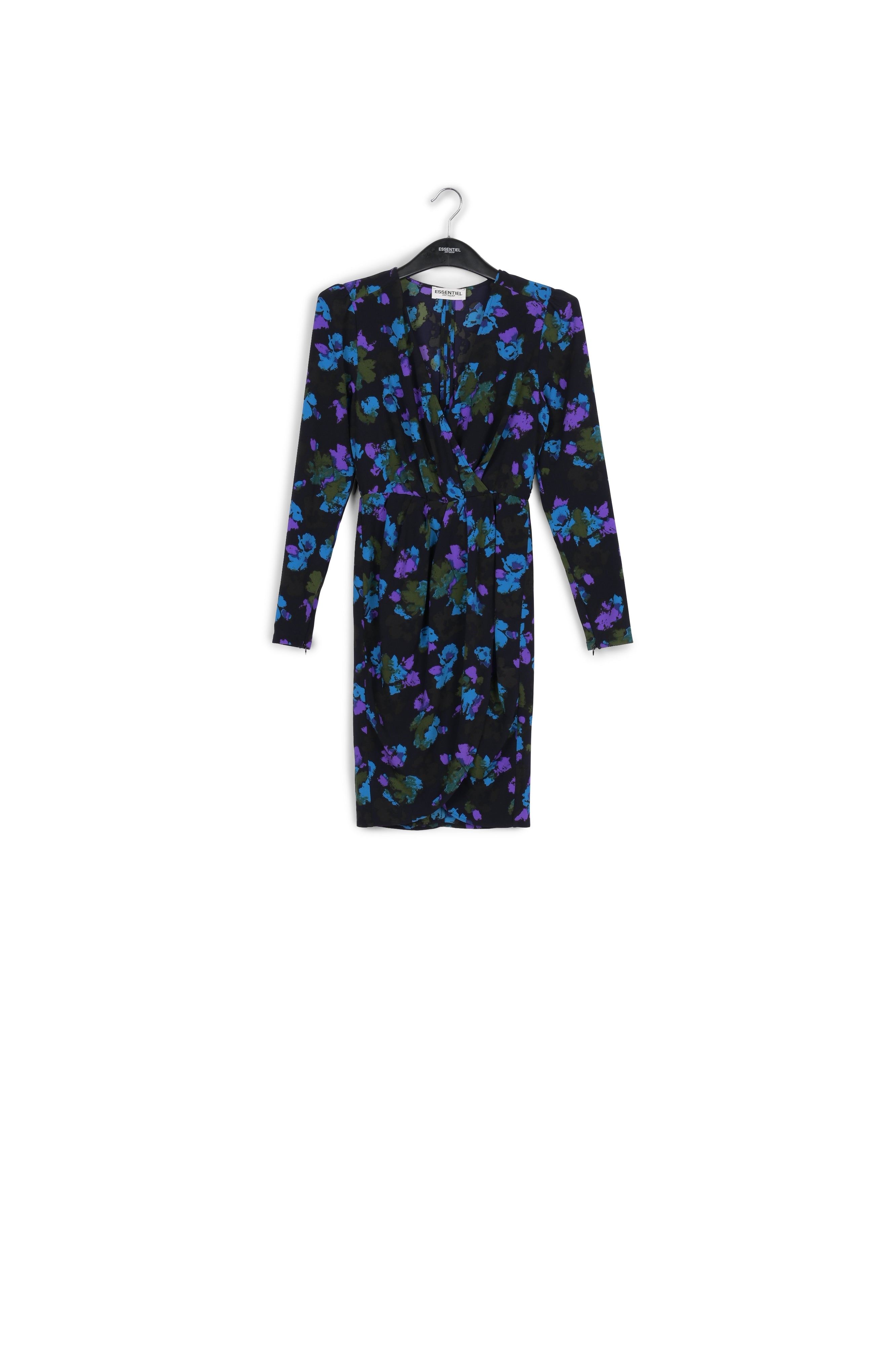 Zwarte en rode midi-jurk met wikkeleffect RE—SSENTIEL | Essentiel second hand