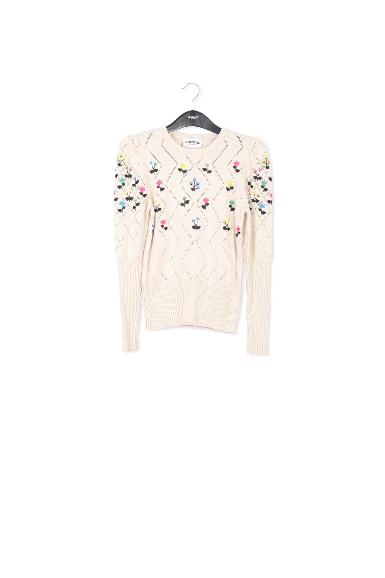 Beige pointelle-knitted sweater with floral embroideries RE—SSENTIEL | Essentiel second hand