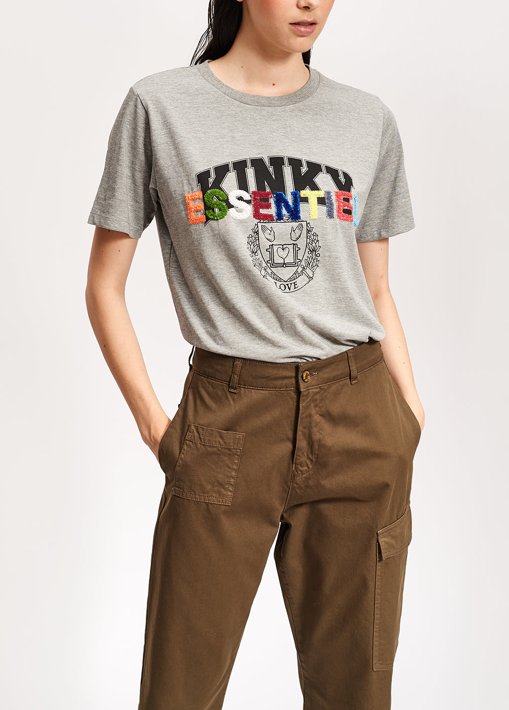 Light grey cotton-blend t-shirt with varsity print and sequins RE—SSENTIEL | Essentiel second hand