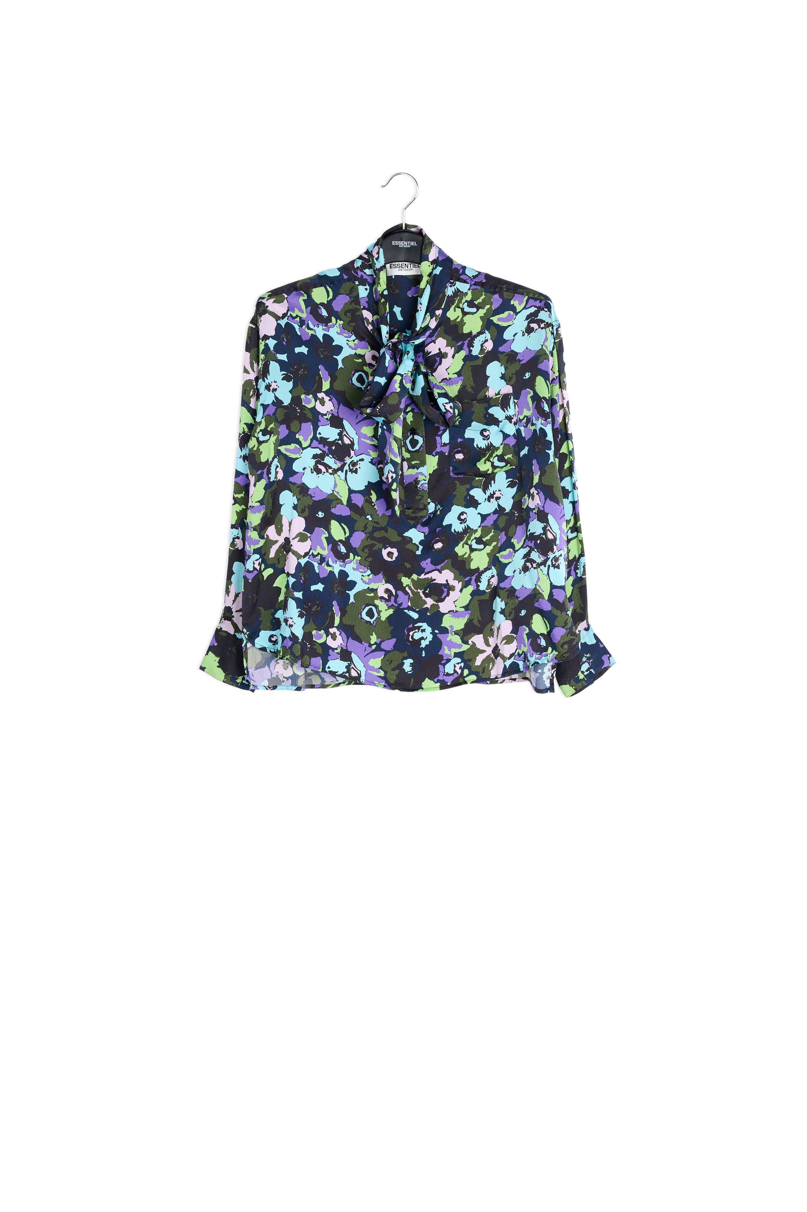 Navy blue multifloral silk bowtie shirt RE—SSENTIEL | Essentiel second hand