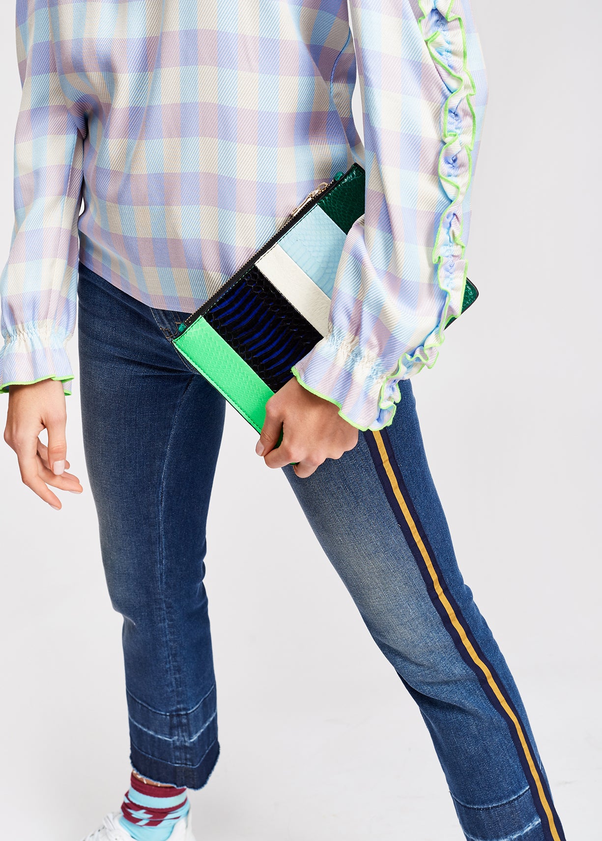 Light blue and purple checked top with ruffled sleeves RE—SSENTIEL | Essentiel second hand