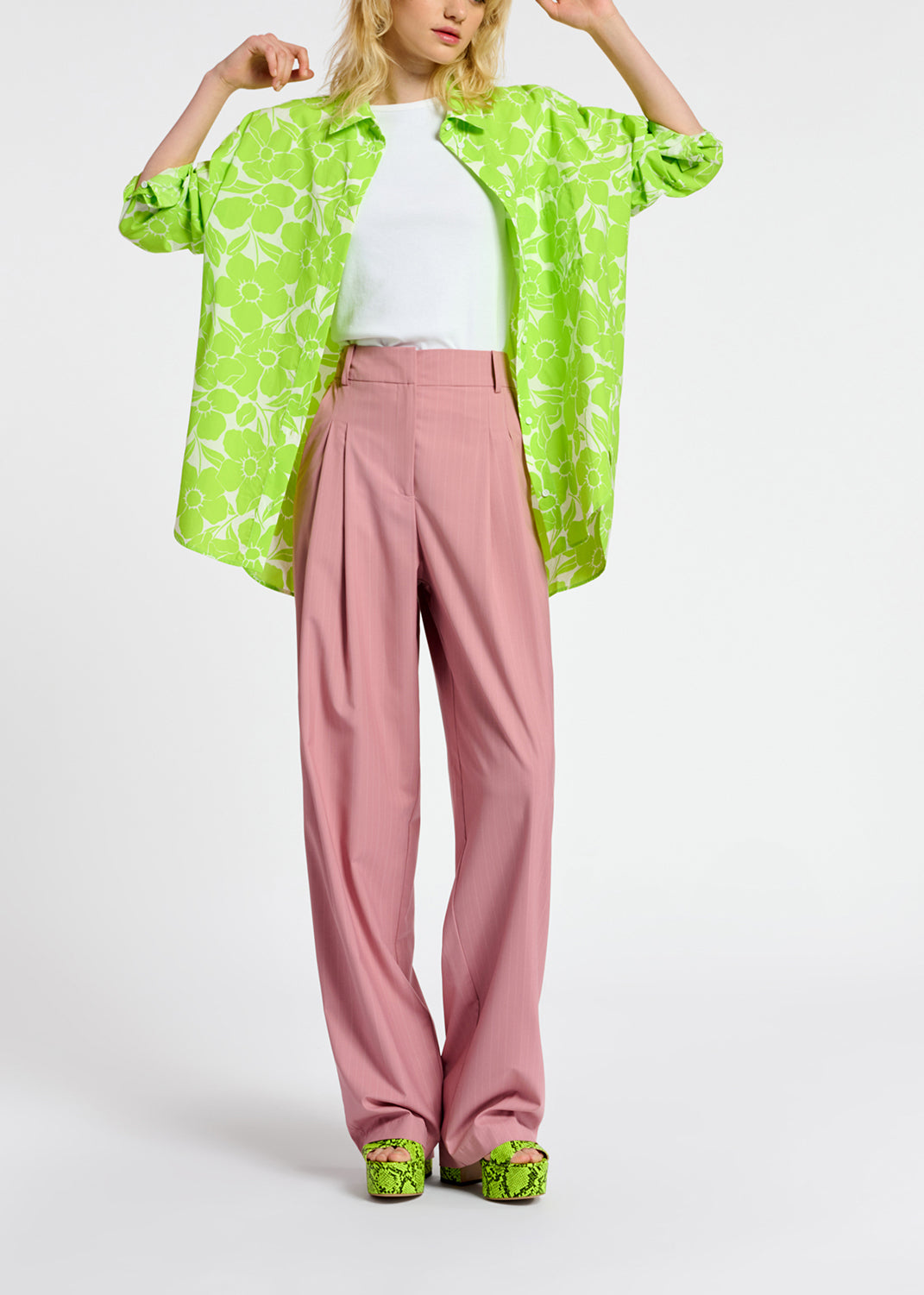 Lime green and white cotton shirt with floral print RE—SSENTIEL | Essentiel second hand