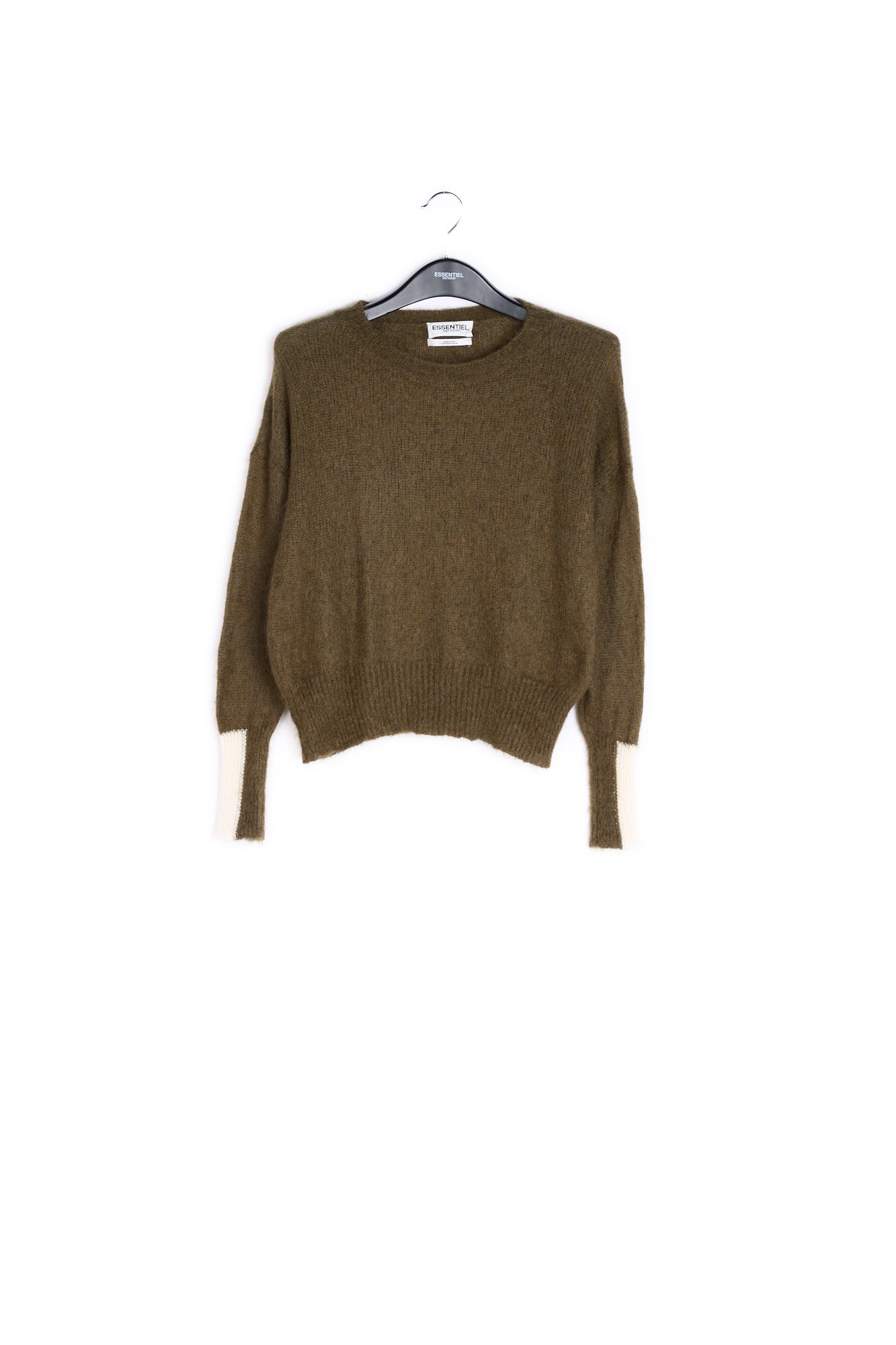 Khaki green light knit sweater with contrasting cuffs RE—SSENTIEL | Essentiel second hand
