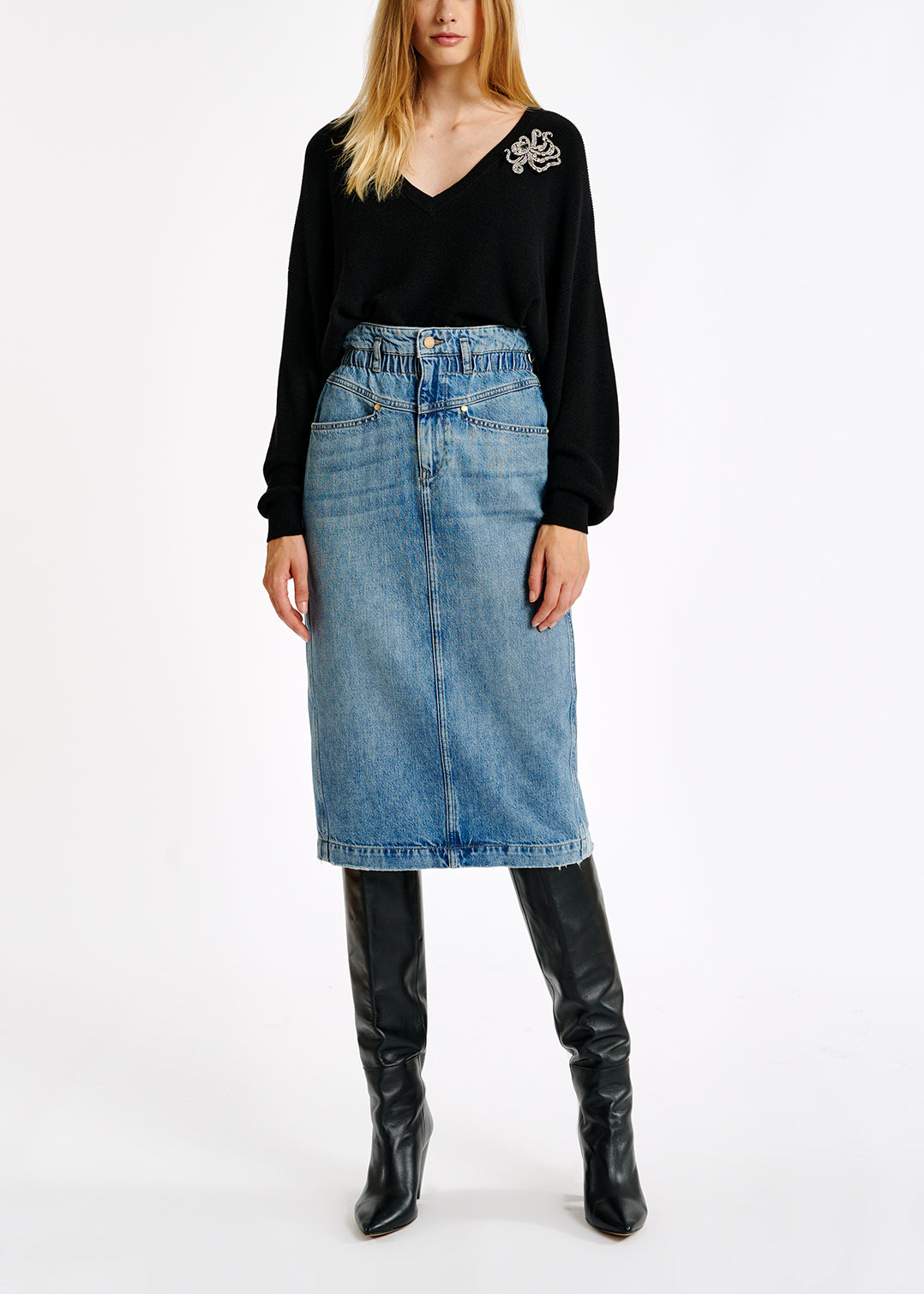 Blue high-waisted denim pencil skirt RE—SSENTIEL | Essentiel second hand