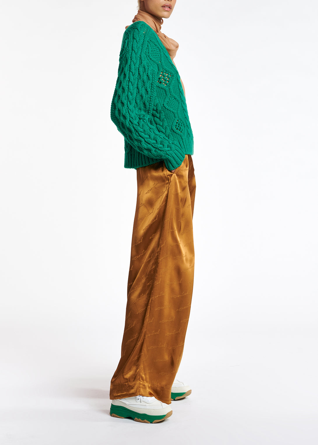 Bronze satin jacquard wide-leg pants RE—SSENTIEL | Essentiel second hand