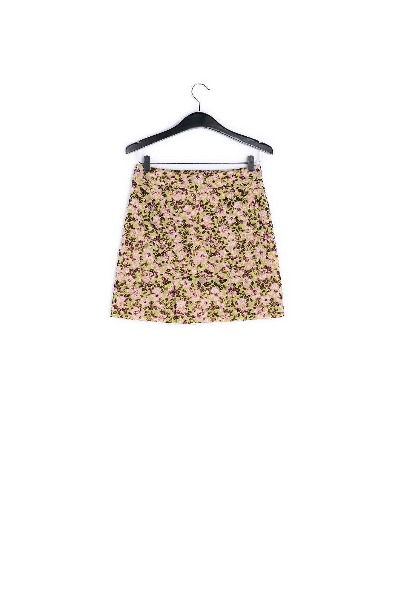 Green mini skirt with metallic floral motif RE—SSENTIEL | Essentiel second hand