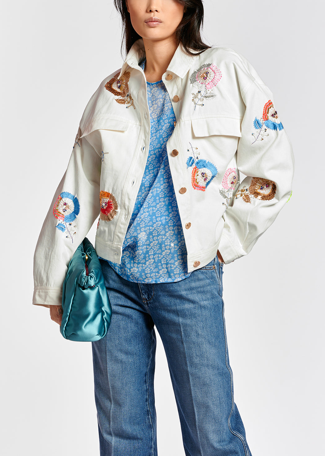 Off-white floral-embroidered cotton denim jacket RE—SSENTIEL | Essentiel second hand