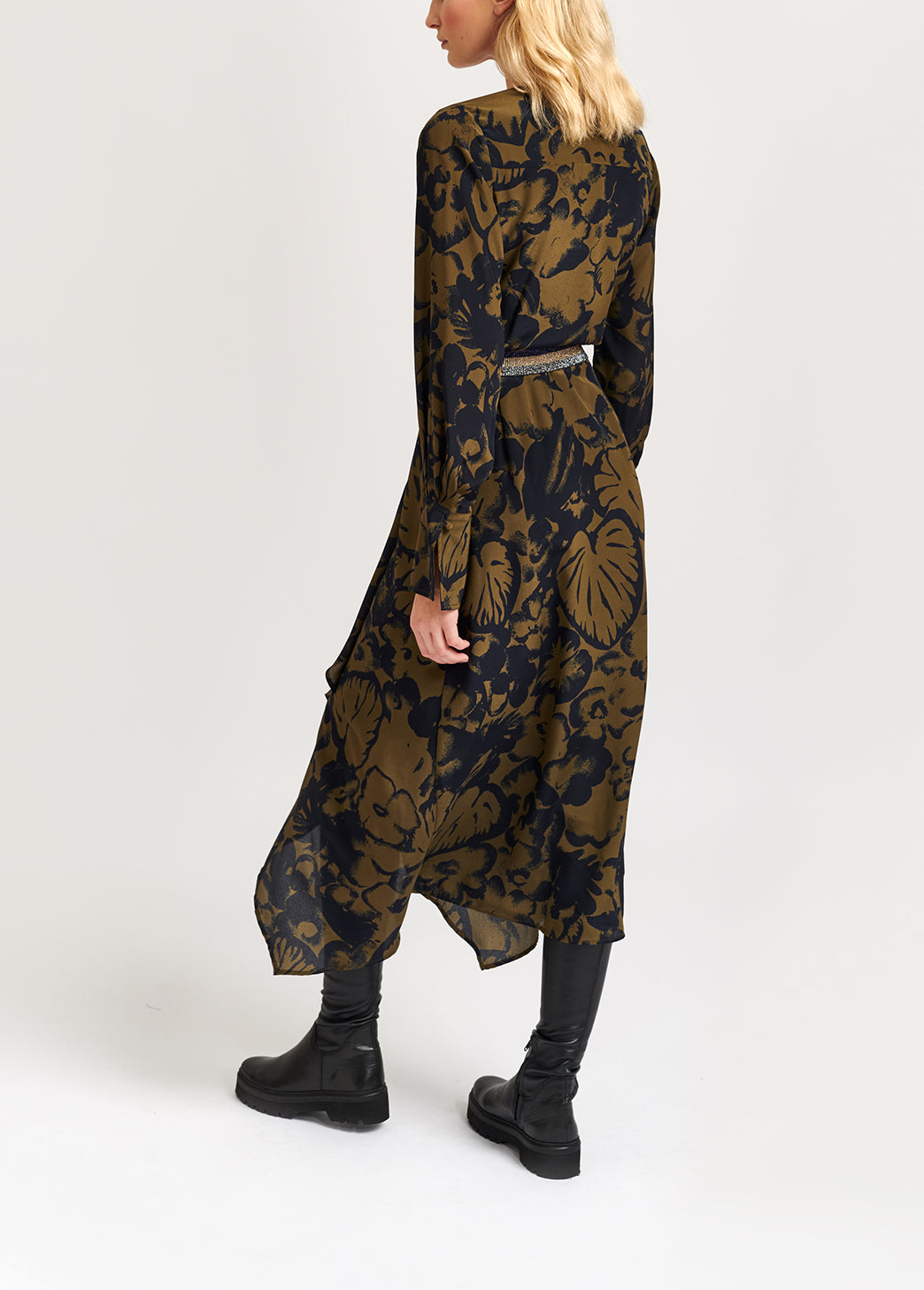 Navy blue botanical-print silk midi dress RE—SSENTIEL | Essentiel second hand