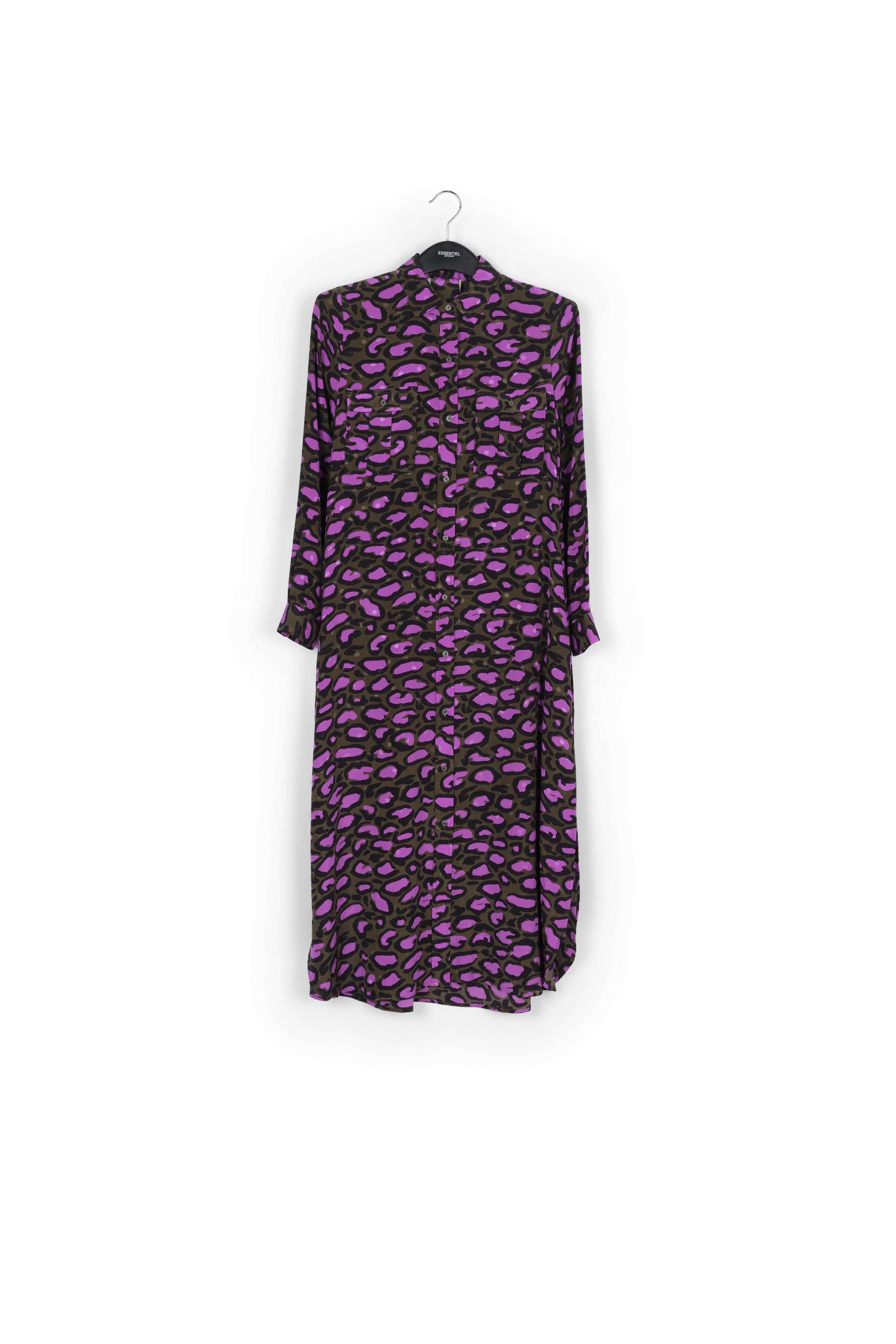 Kakigroene zijden hemdjurk met luipaardprint RE—SSENTIEL | Essentiel second hand