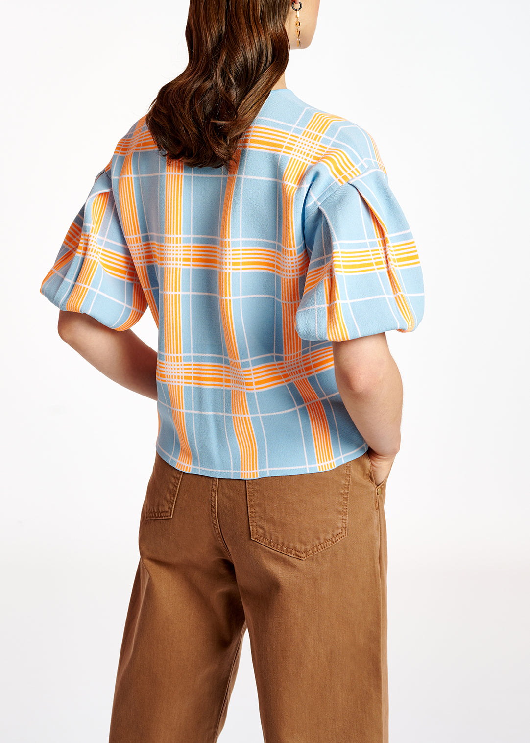 Light blue puffed sleeve knitted top with check motif RE—SSENTIEL | Essentiel second hand