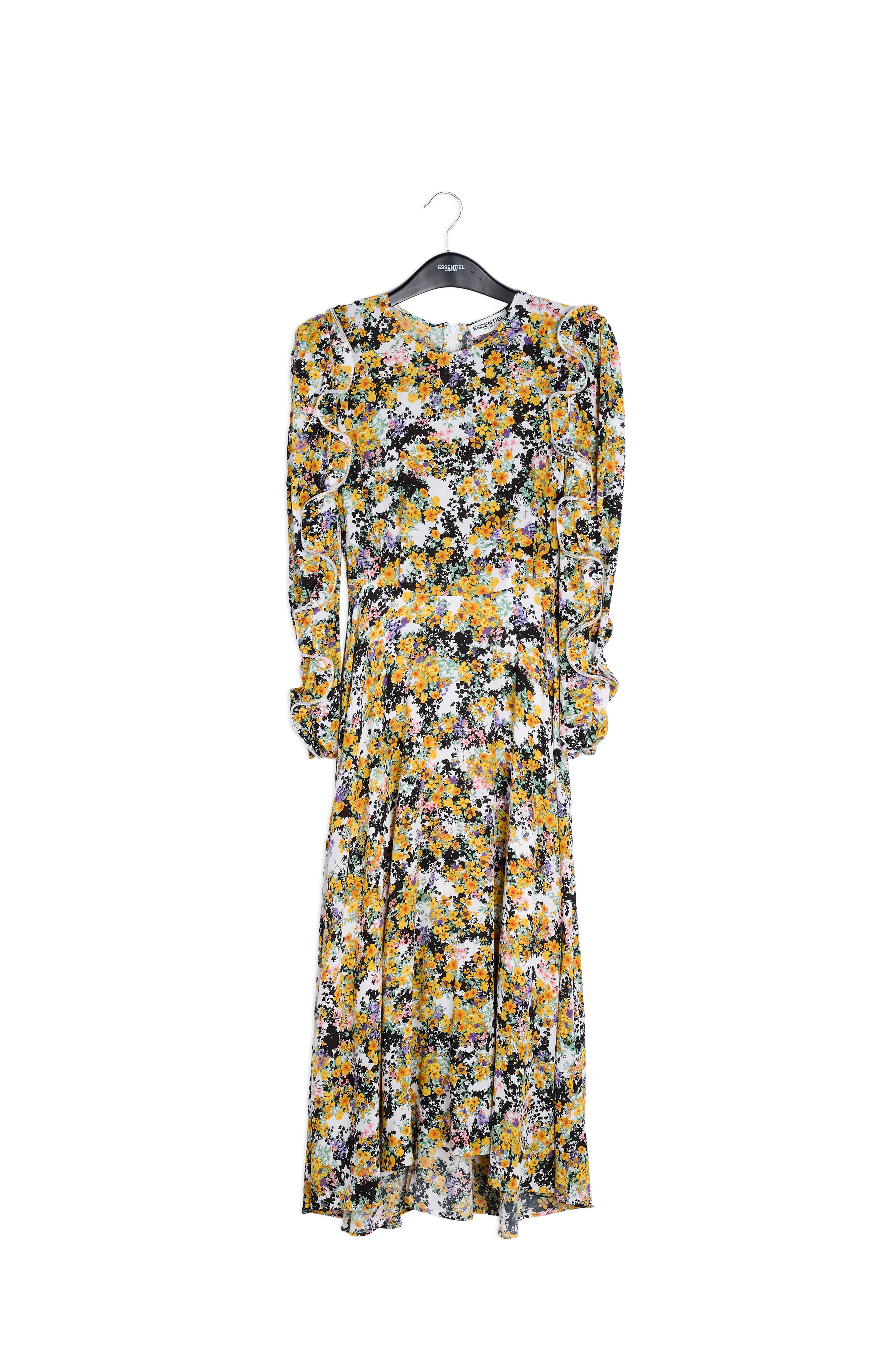 Gebroken witte maxi-jurk met bloemen en ruches RE—SSENTIEL | Essentiel second hand