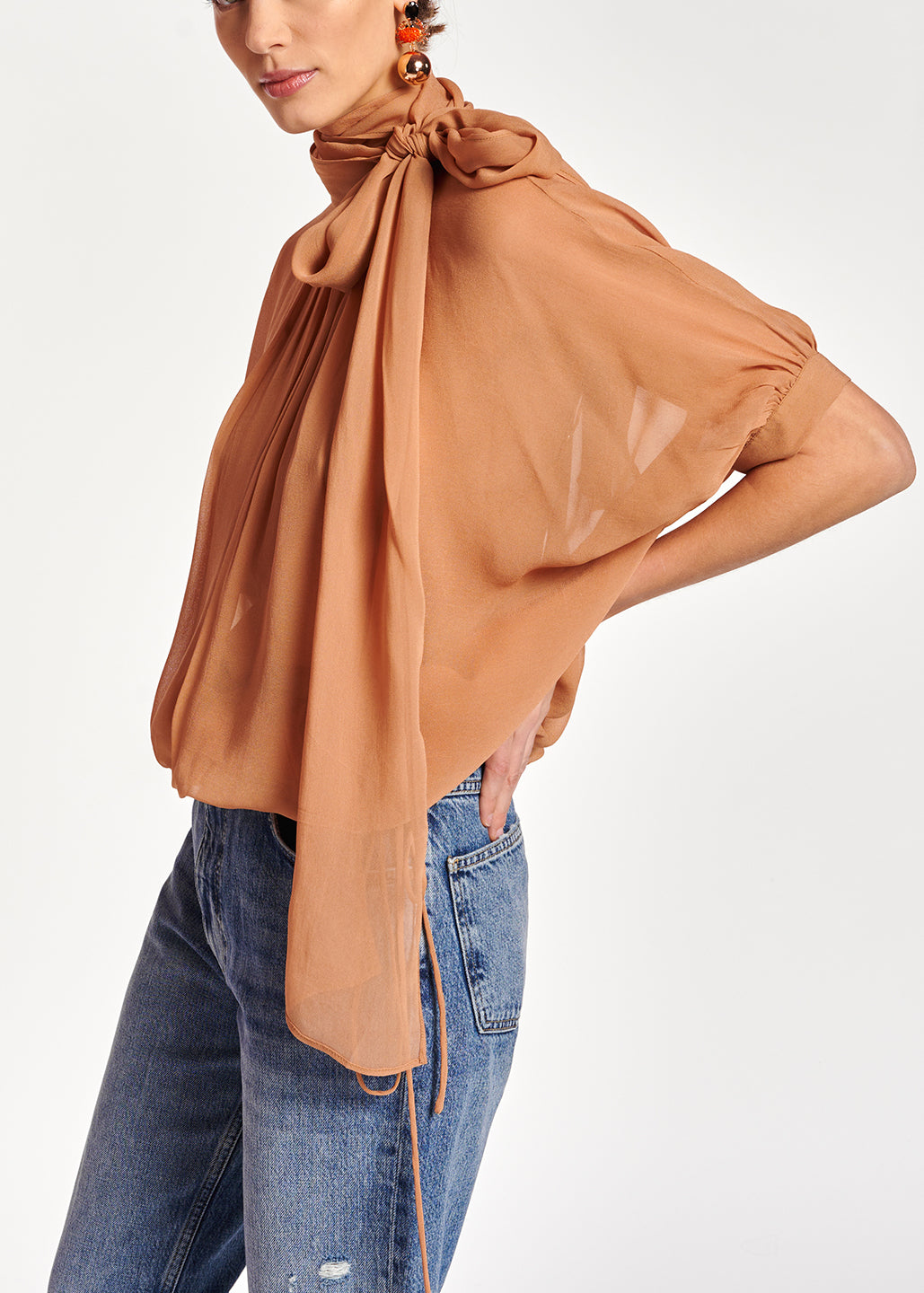 Tan voluminous sheer top RE—SSENTIEL | Essentiel second hand