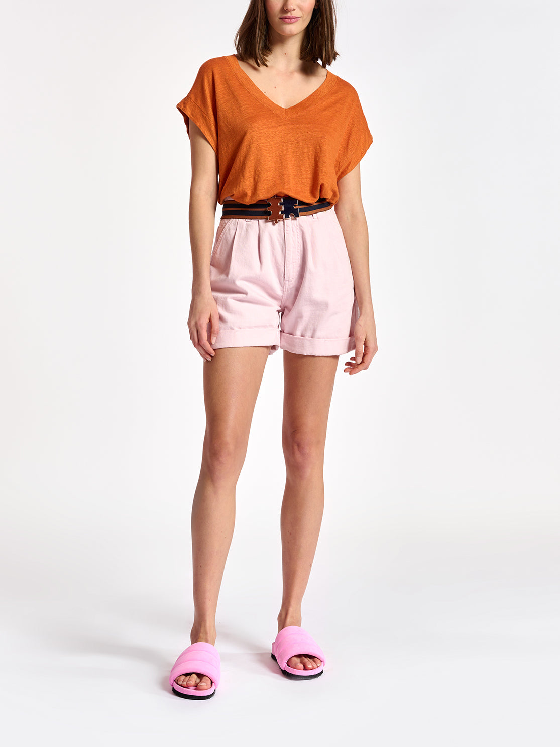 Orange linen v-neck t-shirt RE—SSENTIEL | Essentiel second hand