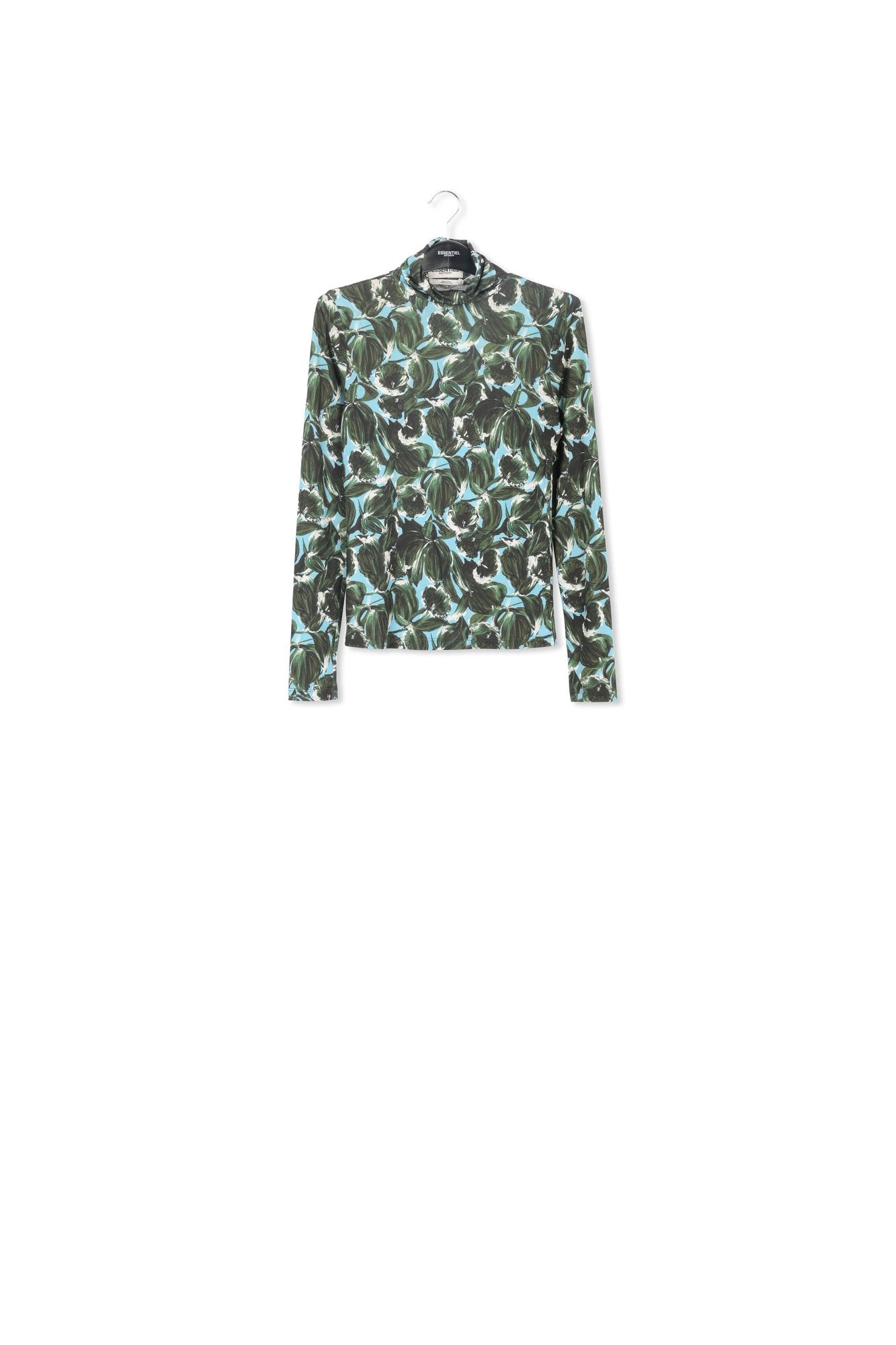Blue and dark green leaf-print turtleneck top RE—SSENTIEL | Essentiel second hand