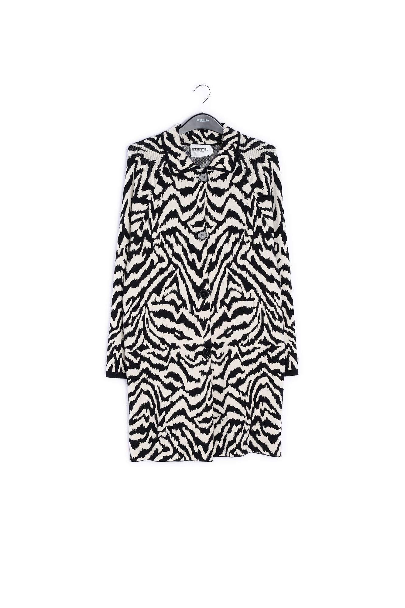 Long black and off-white jacquard coat with zebra motif RE—SSENTIEL | Essentiel second hand