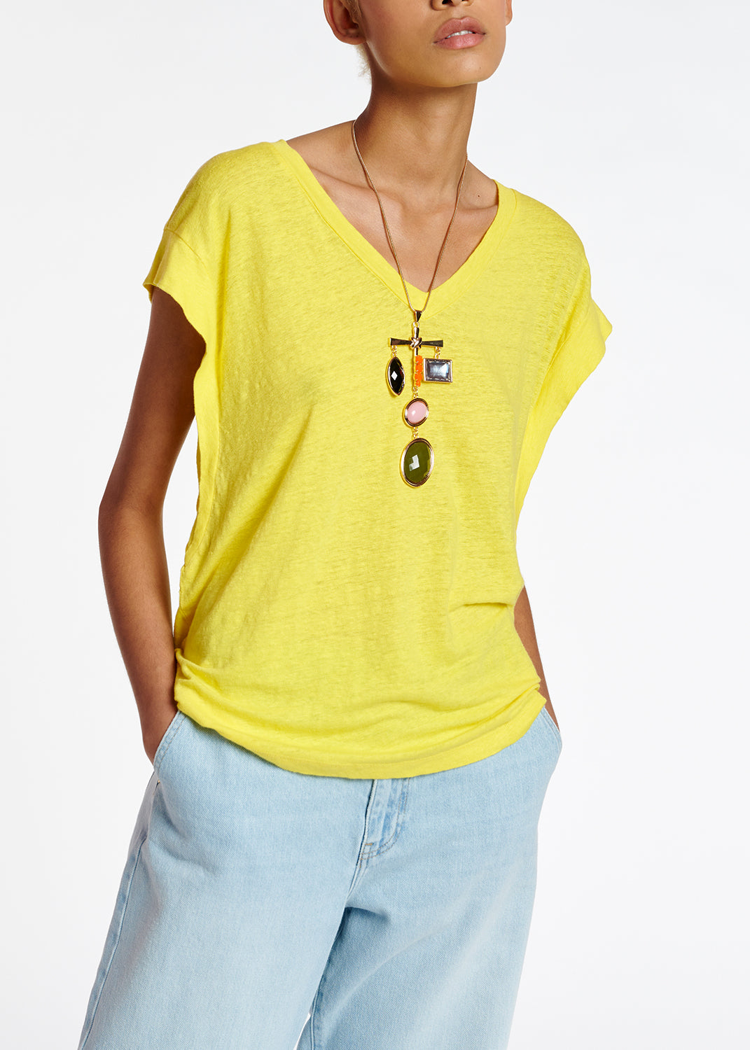 Yellow linen V-neck T-shirt RE—SSENTIEL | Essentiel second hand