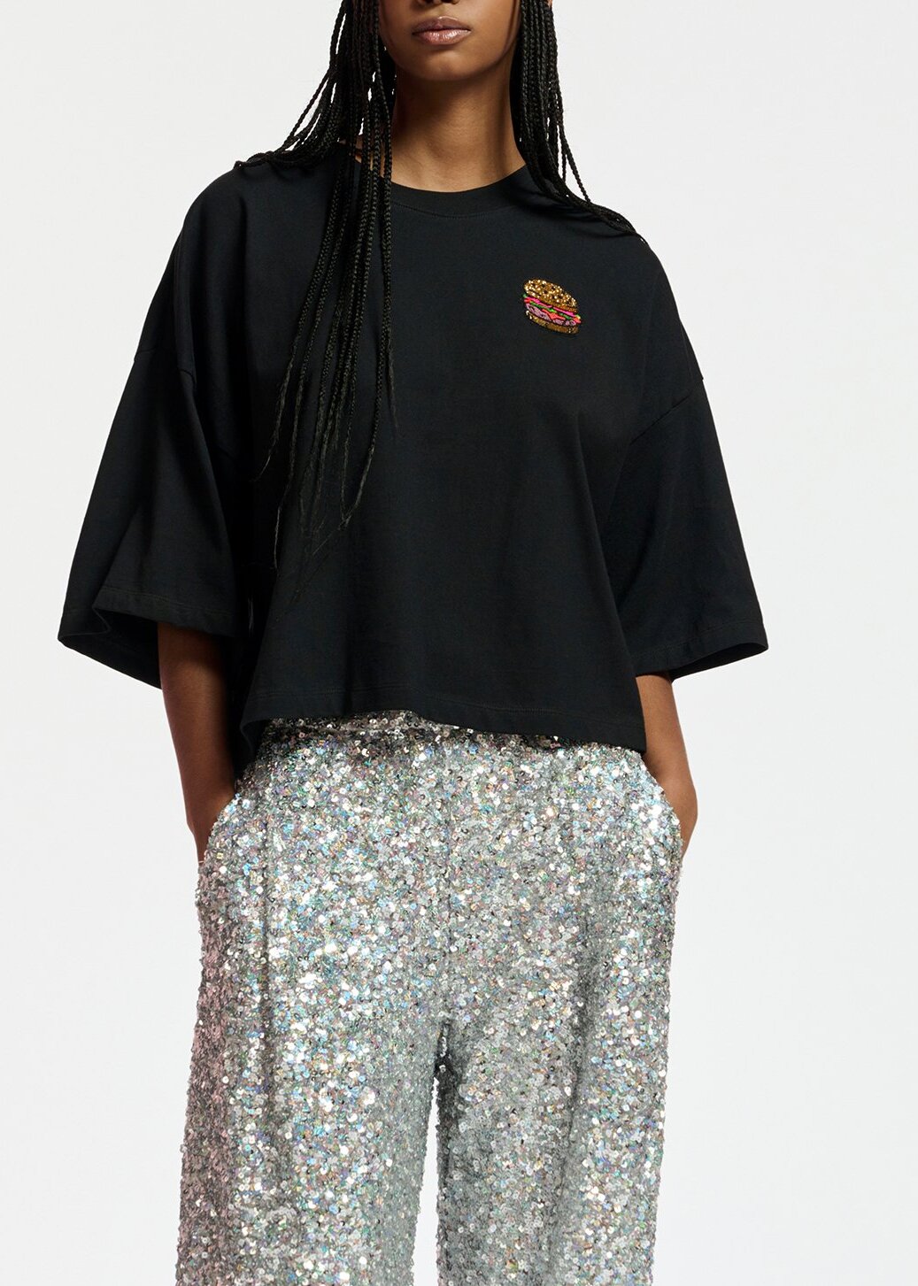 Black organic cotton T-shirt with hamburger embroidery RE—SSENTIEL | Essentiel second hand