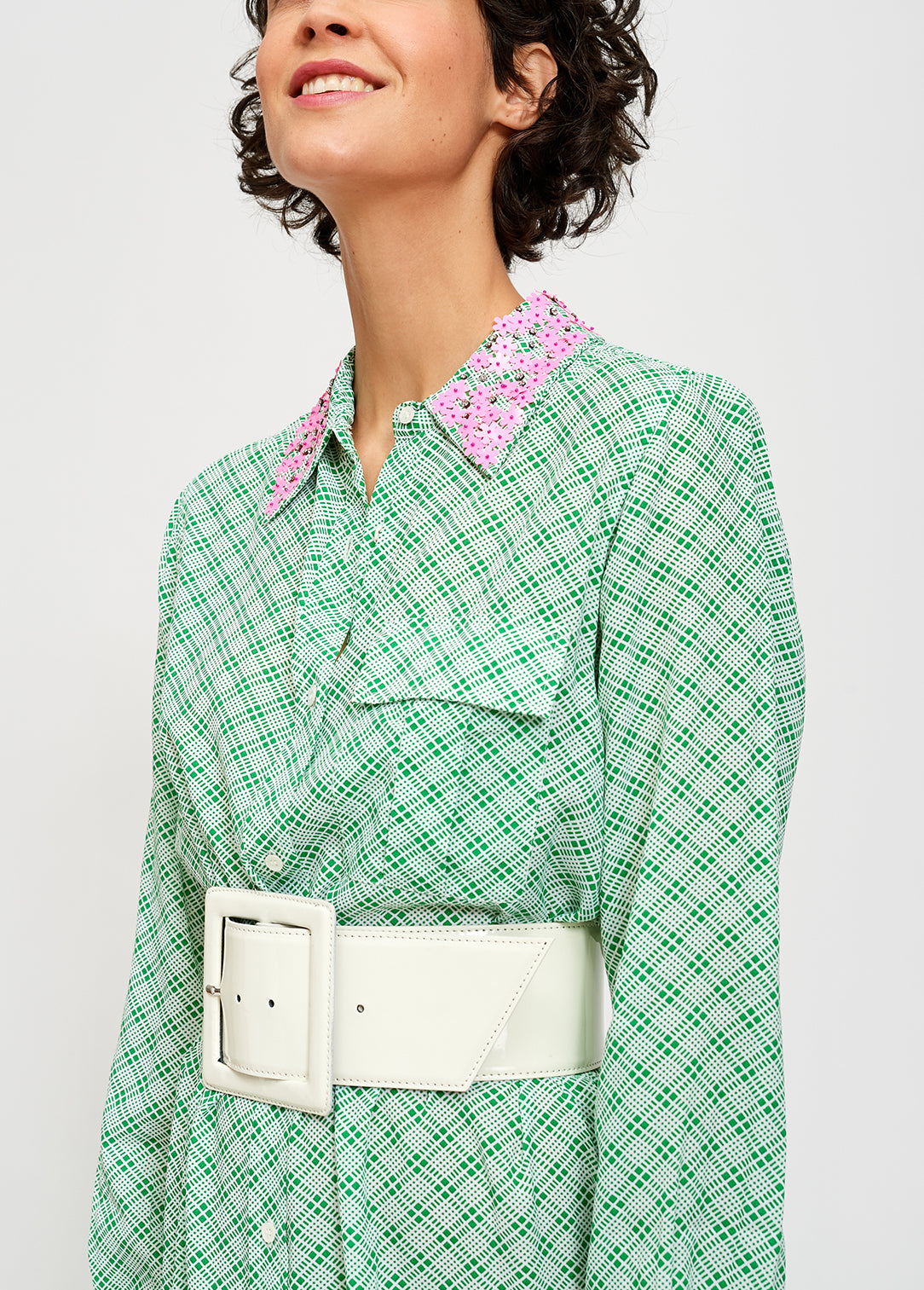 Green and white large check shirt dress with sequined collar RE—SSENTIEL | Essentiel second hand