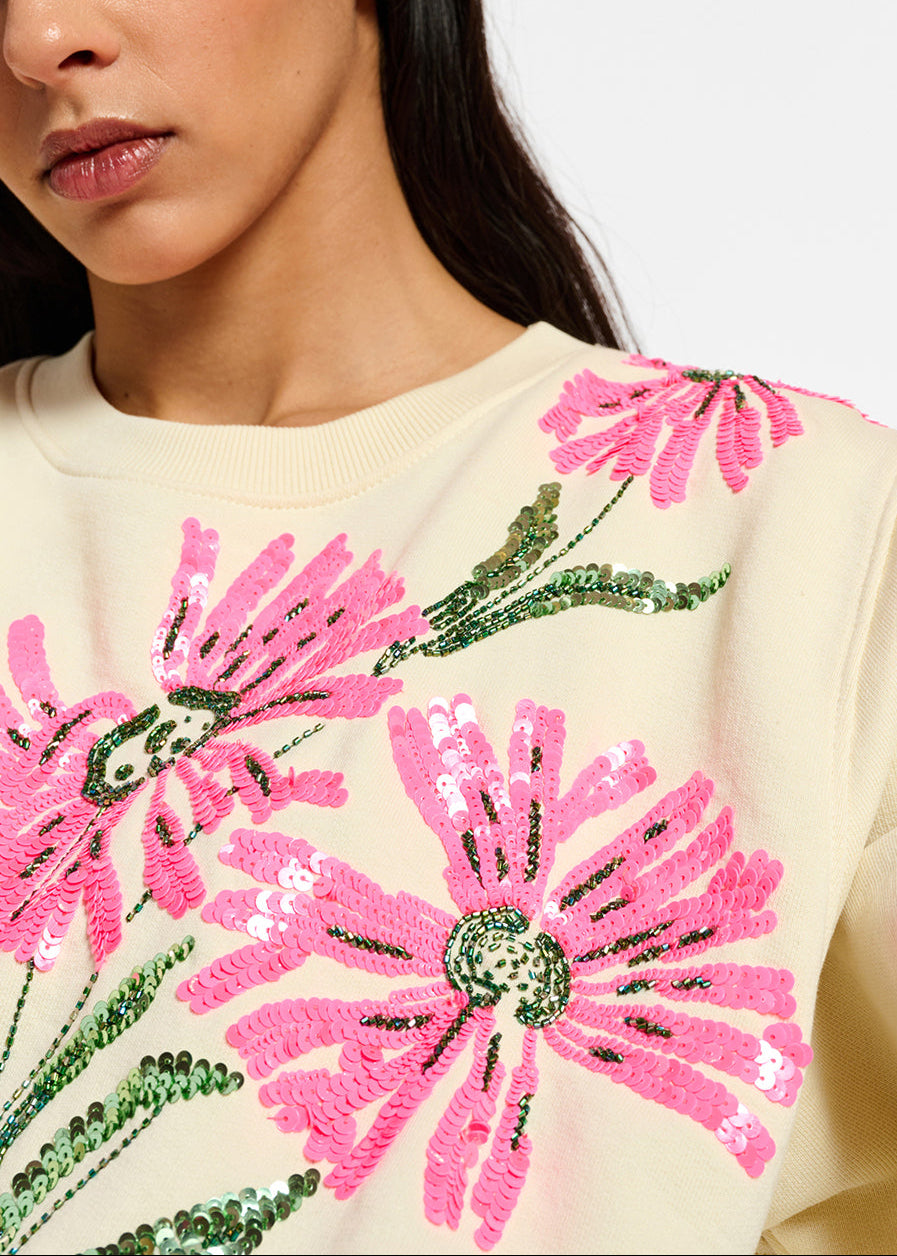 Ecru sweatshirt with floral sequin embroideries RE—SSENTIEL | Essentiel second hand