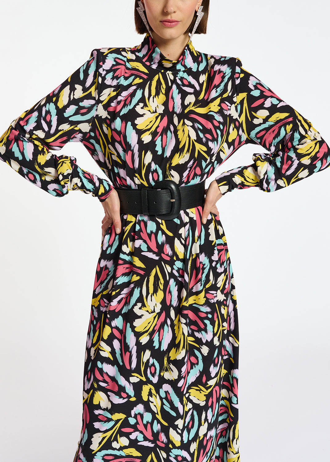 Midi-jurk in zwart, geel en lila stretch jersey RE—SSENTIEL | Essentiel second hand