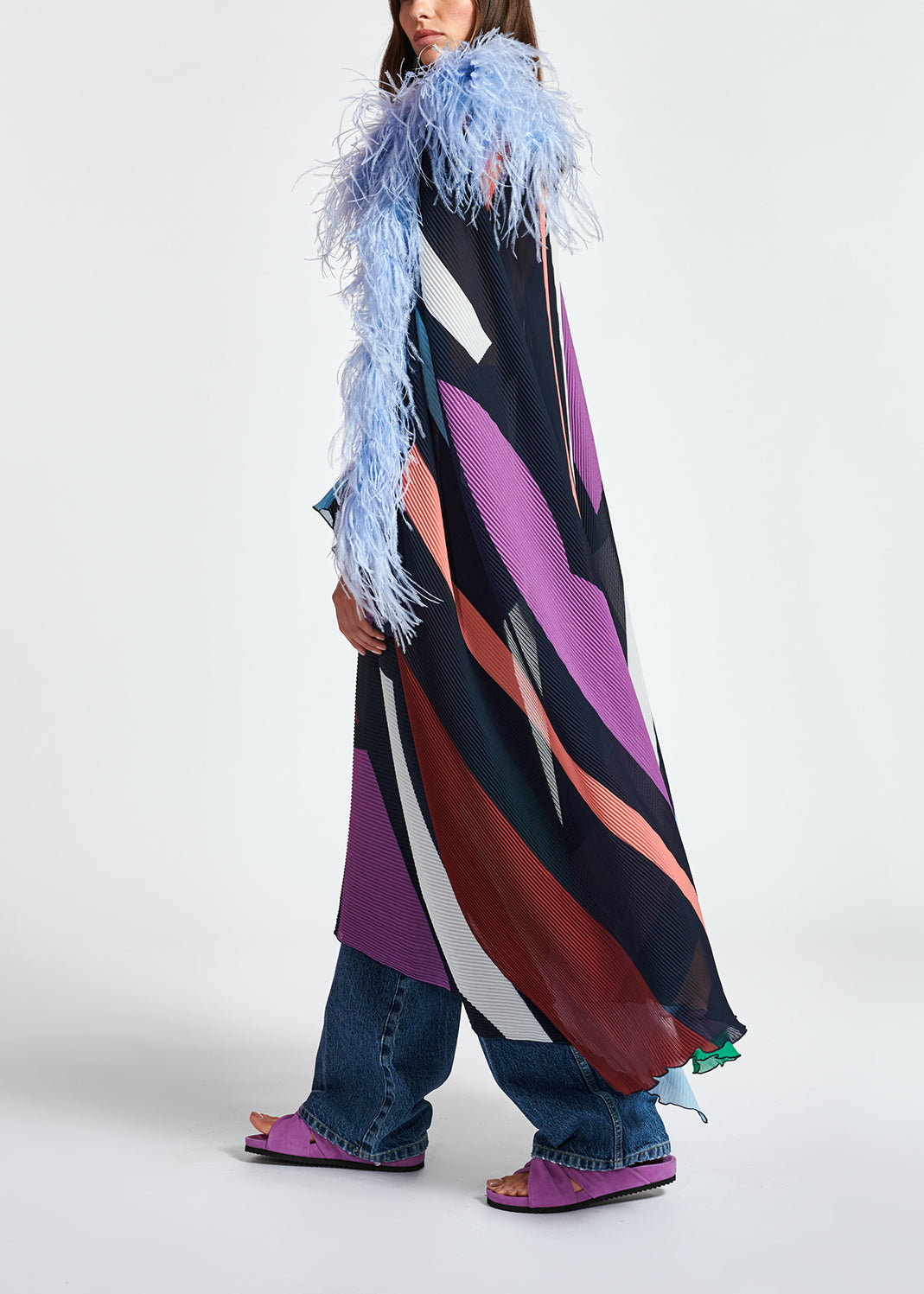 Dark blue graphic print plissé maxi-length kaftan dress RE—SSENTIEL | Essentiel second hand