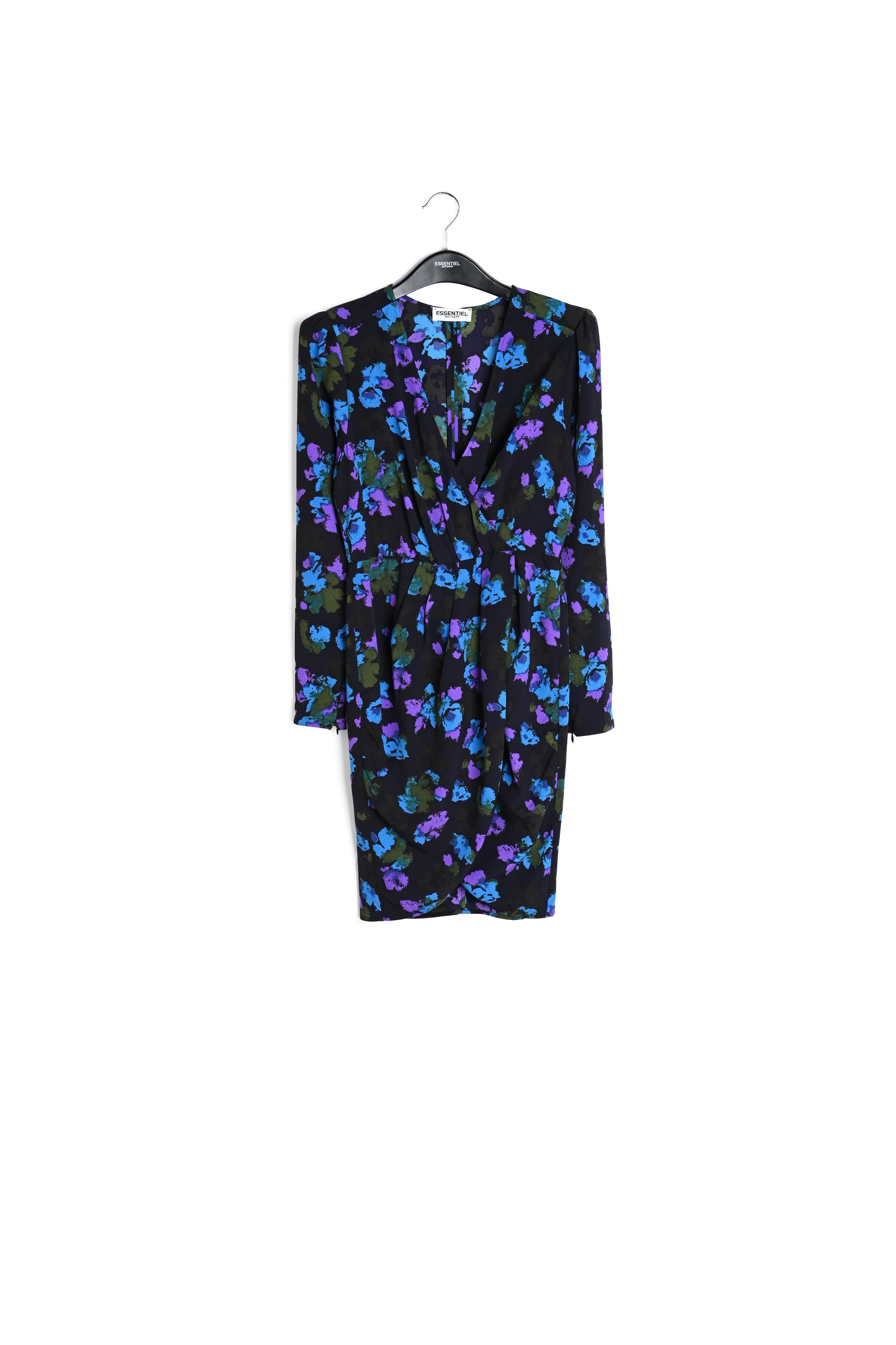 Zwarte en blauwe midi-jurk met wikkeleffect RE—SSENTIEL | Essentiel second hand