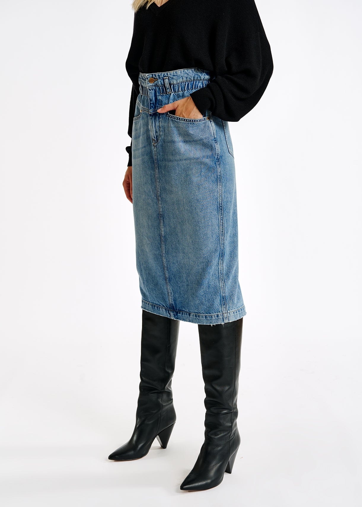 Blue high-waisted denim pencil skirt RE—SSENTIEL | Essentiel second hand