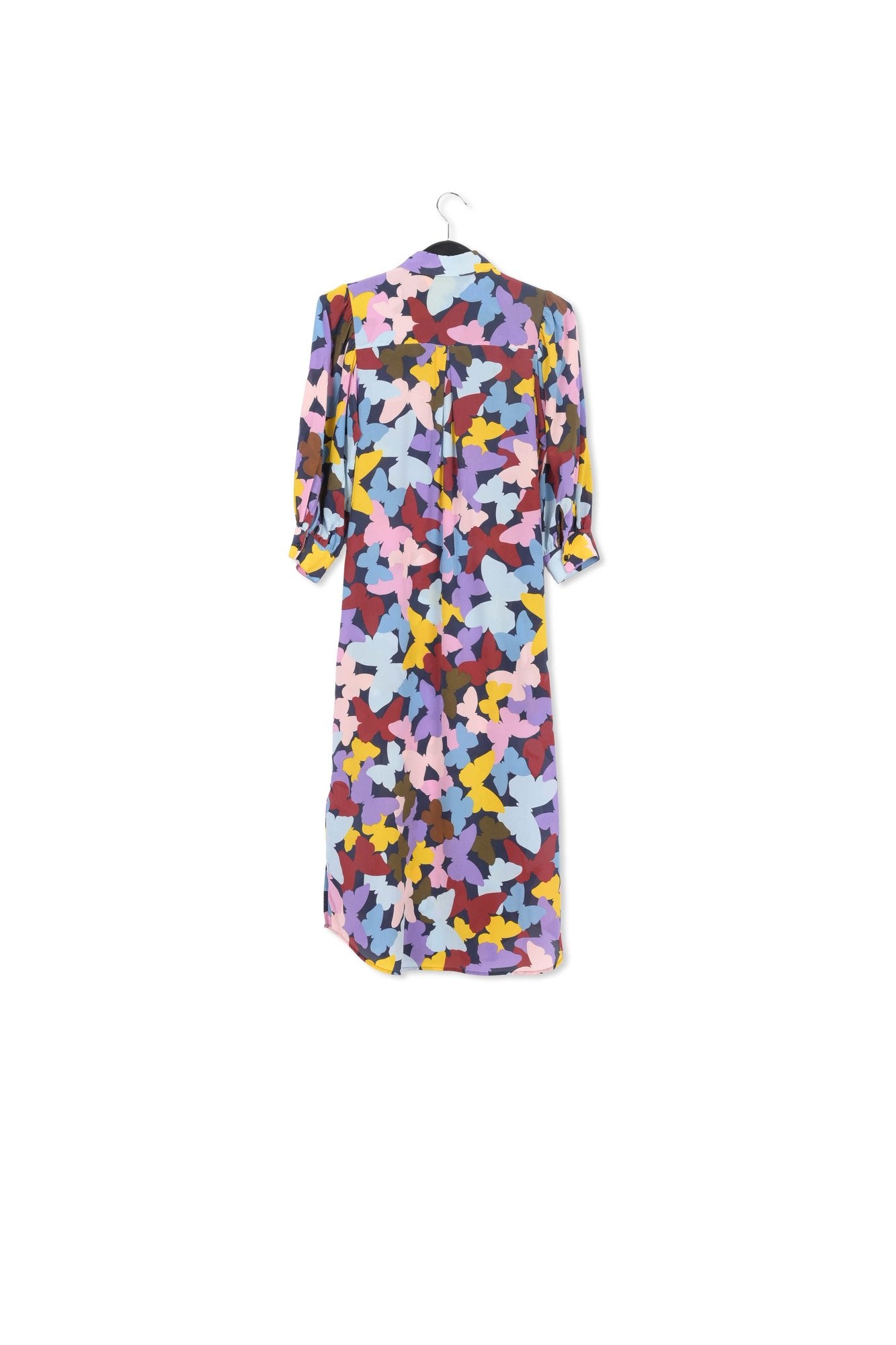 Robe midi en soie à  papillons bordeaux, lilas et bleu RE—SSENTIEL | Essentiel second hand