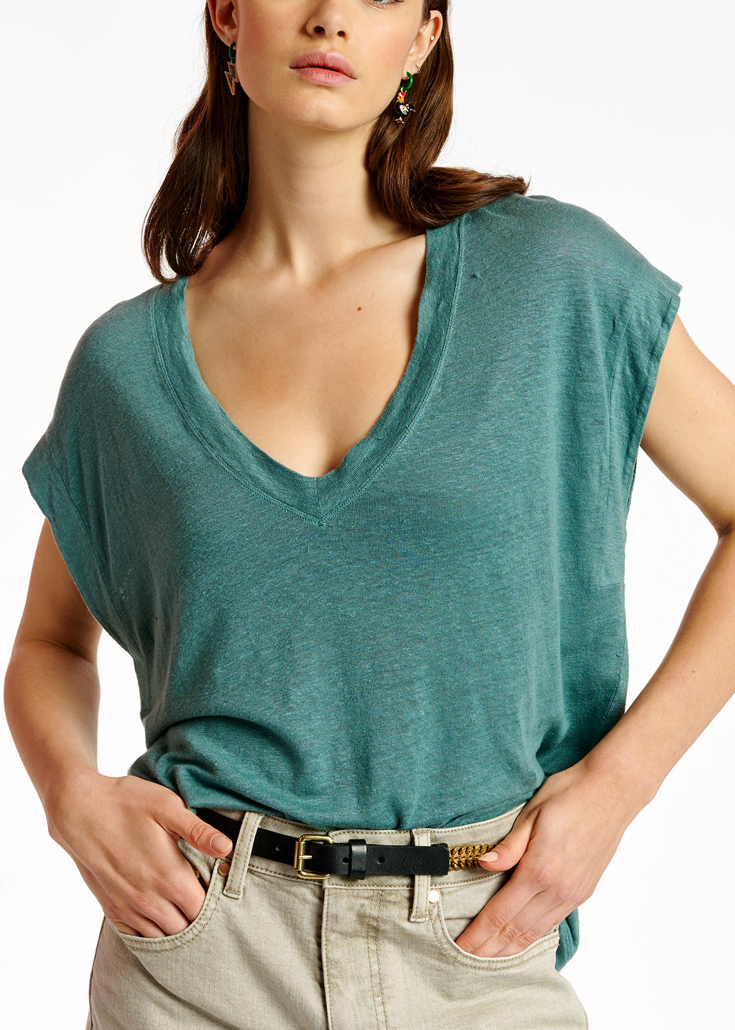 Blue linen V-neck T-shirt RE—SSENTIEL | Essentiel second hand