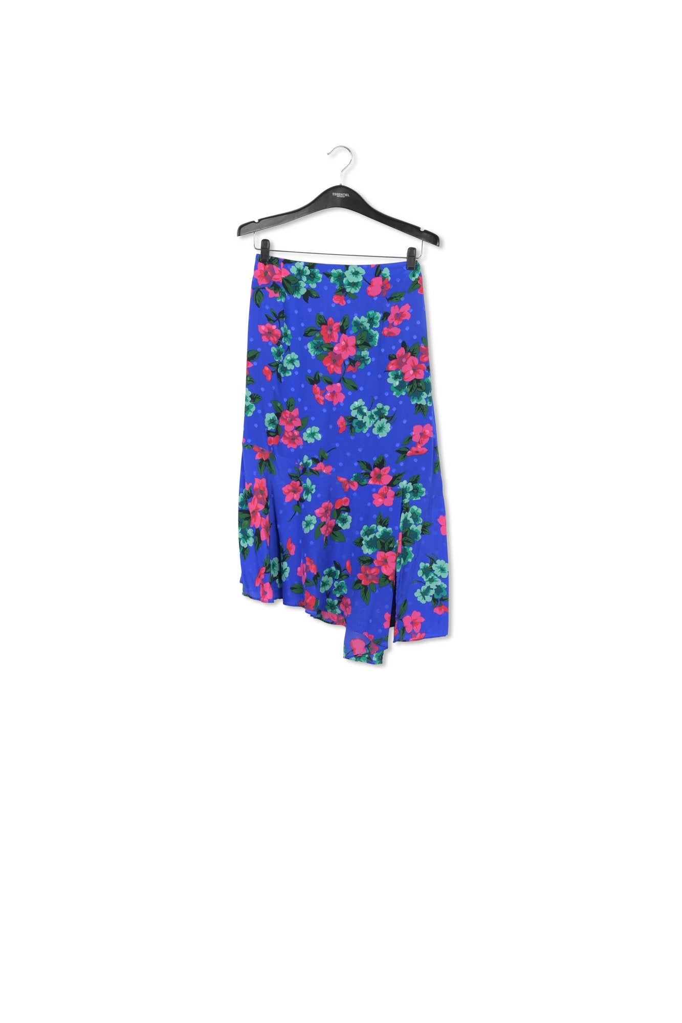 Blauwe zijden midirok met bloemen en stippen RE—SSENTIEL | Essentiel second hand