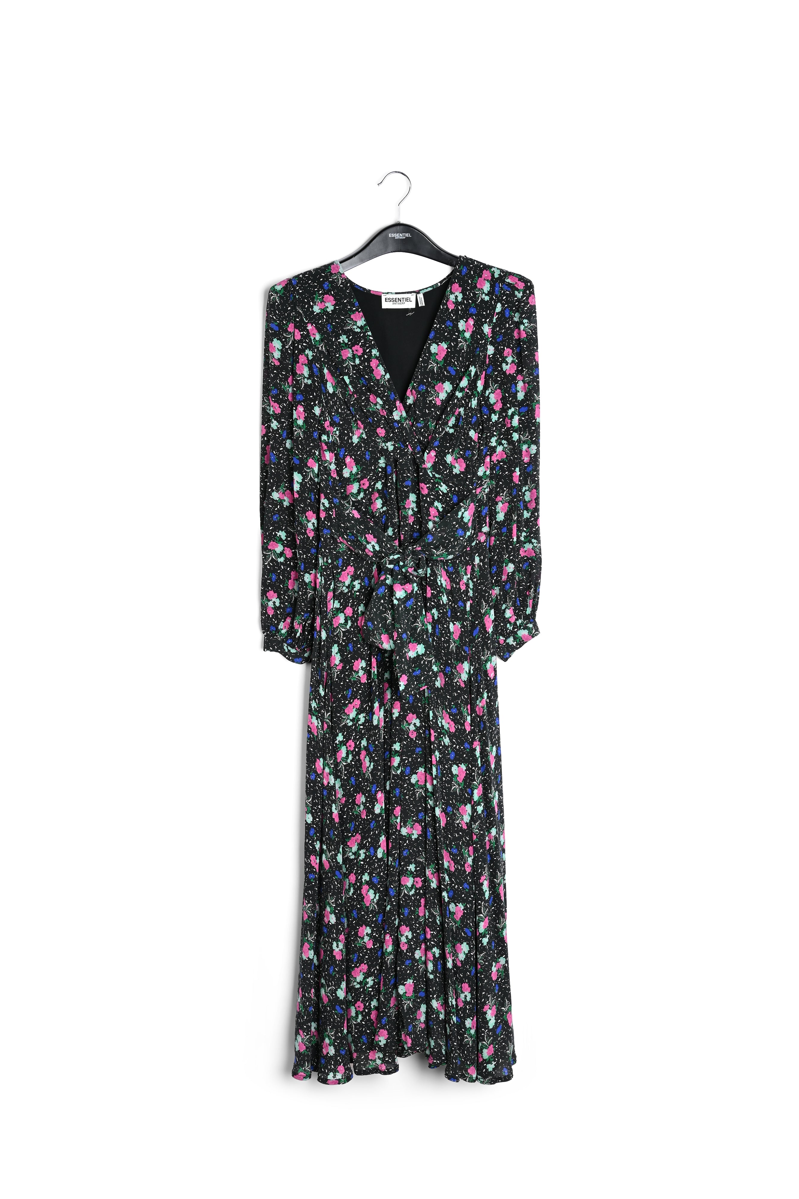 Robe maxi portefeuille noire à fleurs RE—SSENTIEL | Essentiel second hand