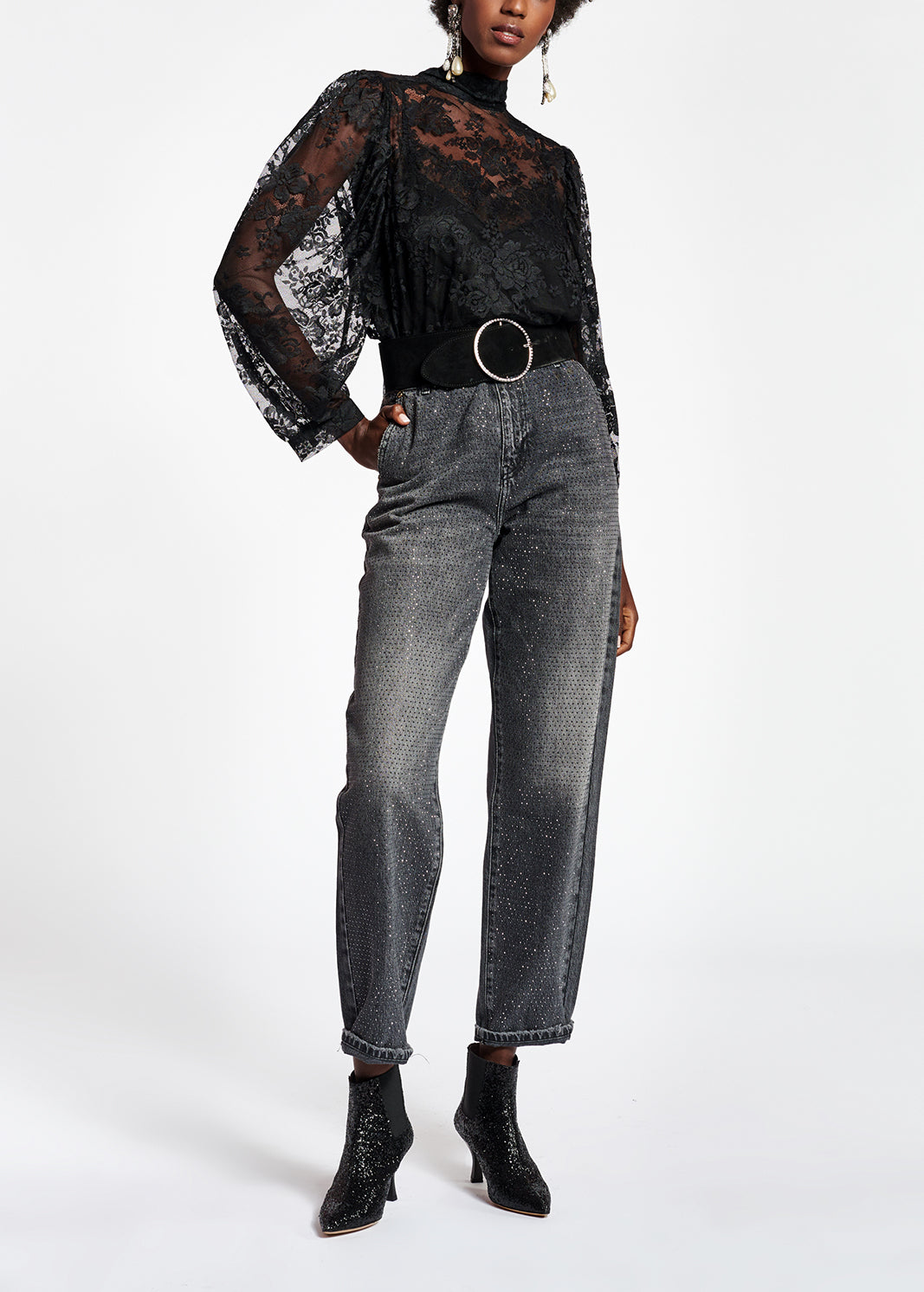 Black long-sleeved lace top RE—SSENTIEL | Essentiel second hand