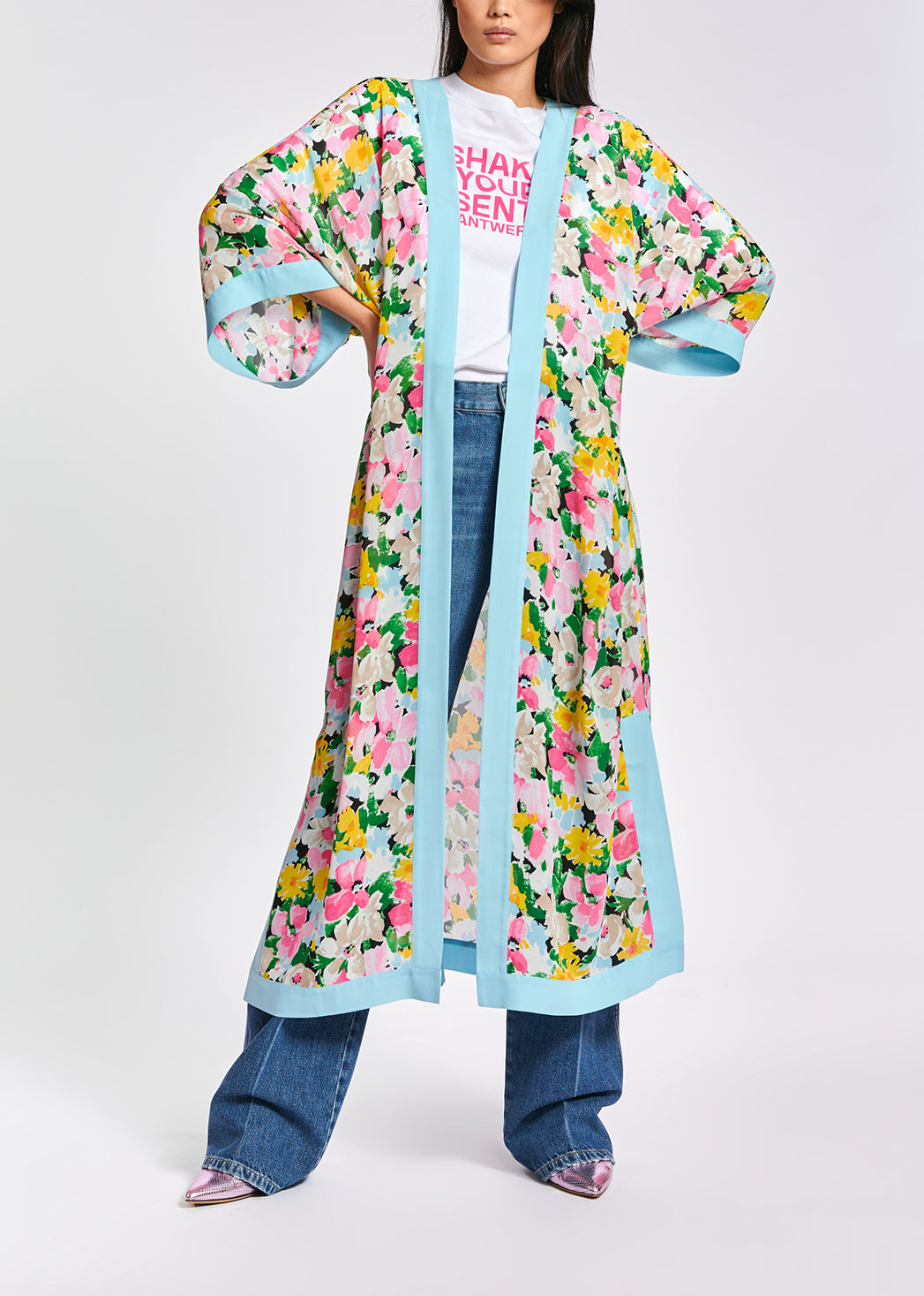 Light blue, pink and green floral kimono RE—SSENTIEL | Essentiel second hand