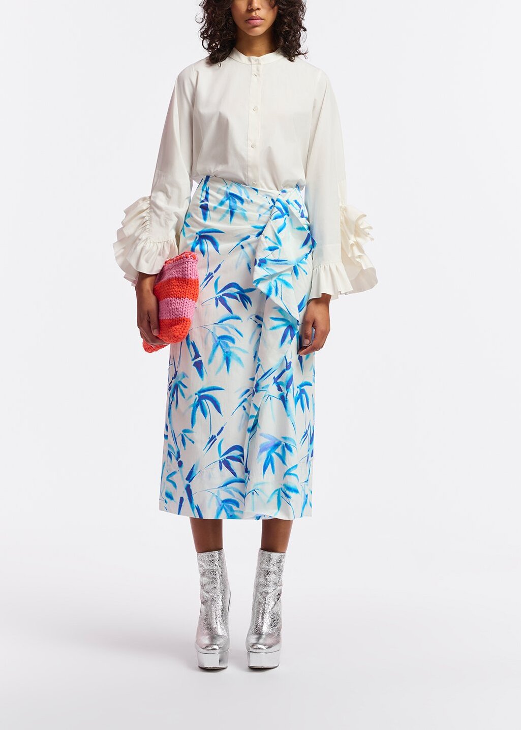 Off-white cotton draped midi skirt with palm leaf print RE—SSENTIEL | Essentiel second hand